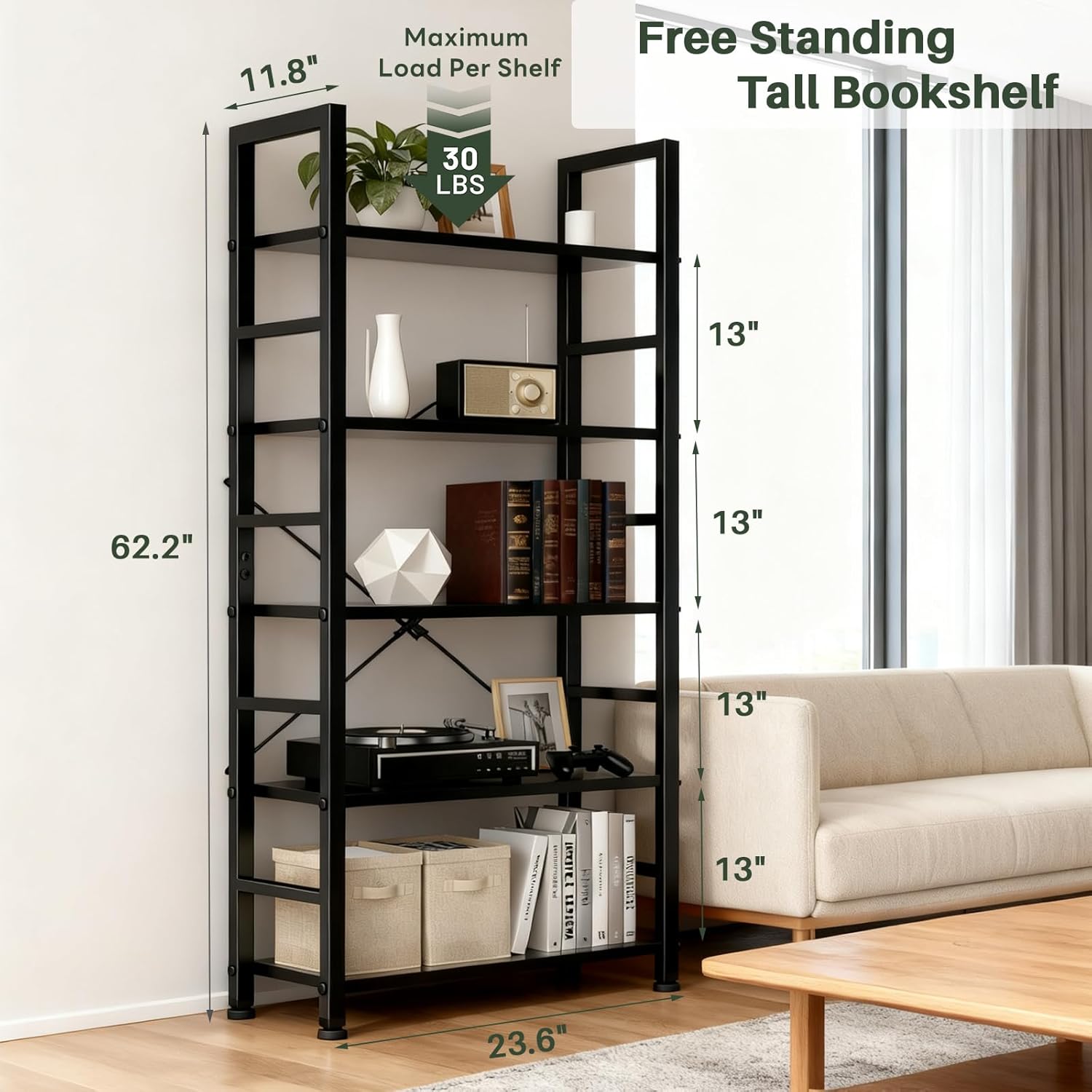 5 Tier Bookshelf, Free Standing Wooden Bookcase with Open Storage Shelves with Metal Frame, Sturdy Shelf Organization Display Rack for Living Room, Bedroom, Home Office, 62.2" Tall, Black
