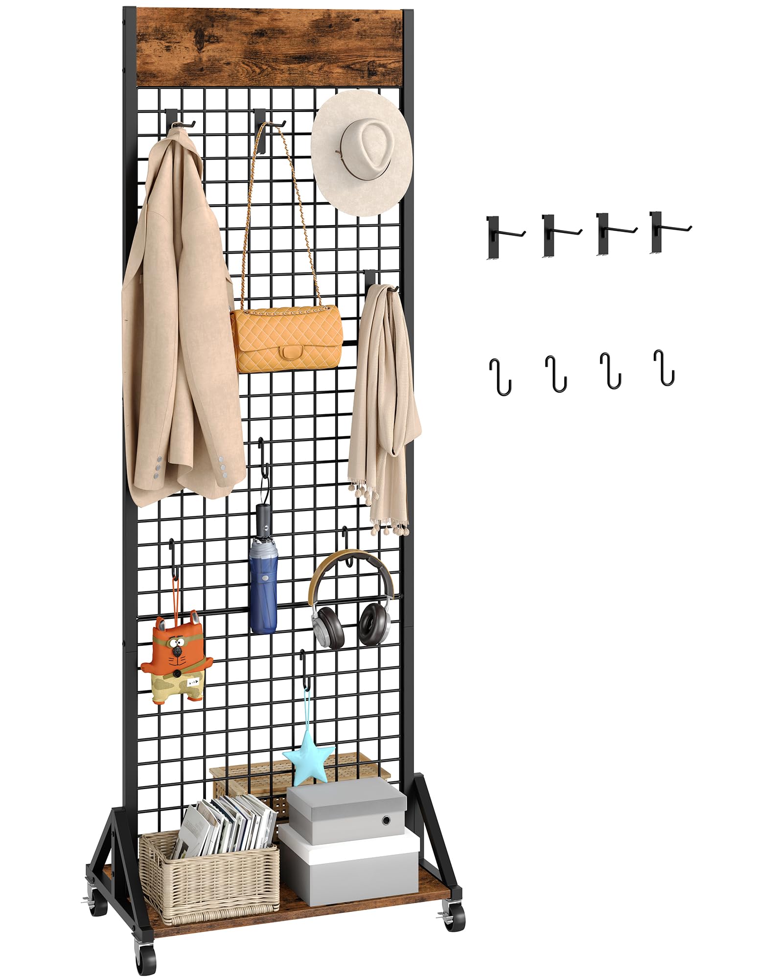 CHOEZON Grid Wall Panel, 2’ x 5.7’ Ft Floor Standing Gridwall Display Rack, Retail Display Stand, with 4 S-Shaped Hooks and 4 Garment Hooks, for Entryway, Study, Kitchen, Outdoors, Black TCJ27BB