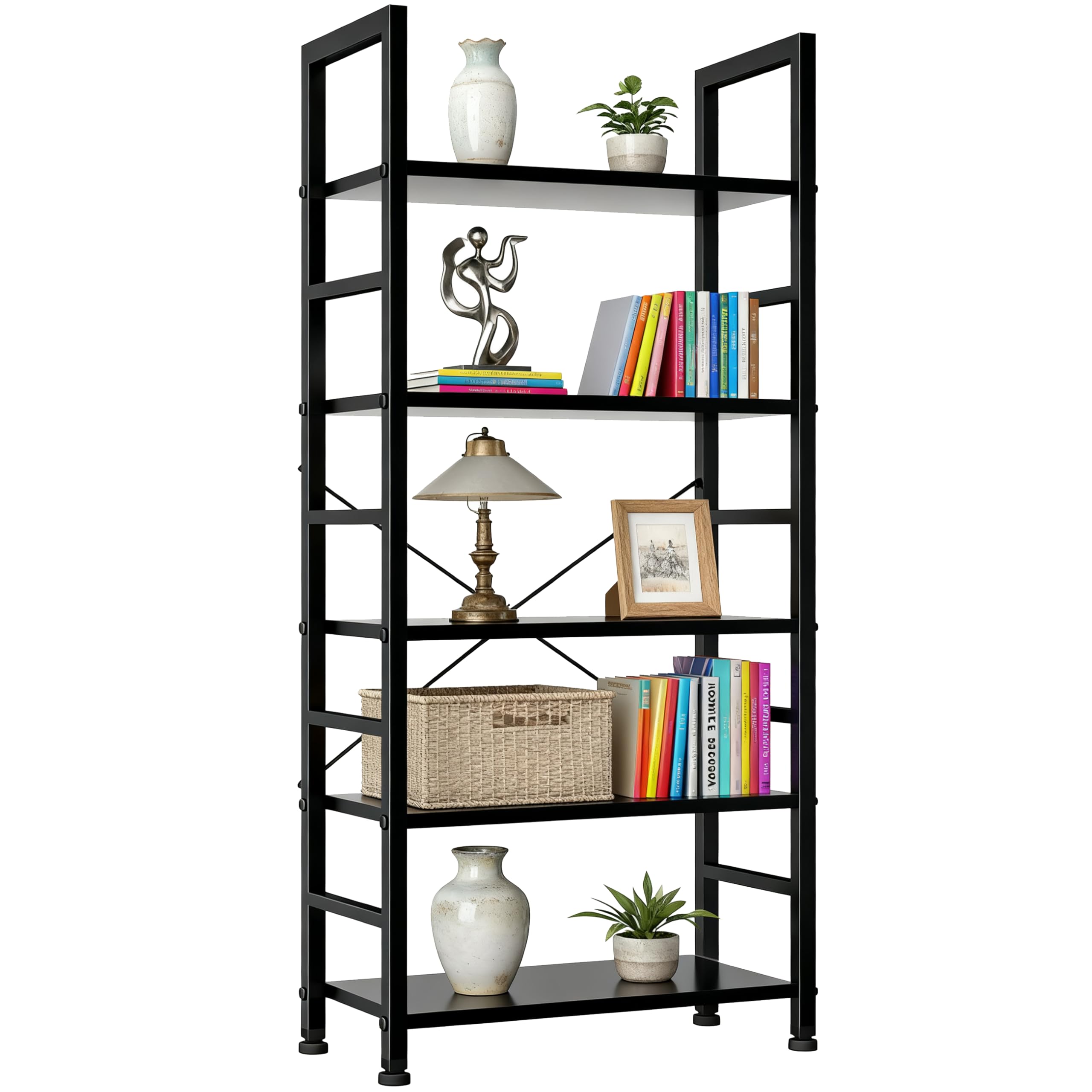 5 Tier Bookshelf, Free Standing Wooden Bookcase with Open Storage Shelves with Metal Frame, Sturdy Shelf Organization Display Rack for Living Room, Bedroom, Home Office, 62.2" Tall, Black