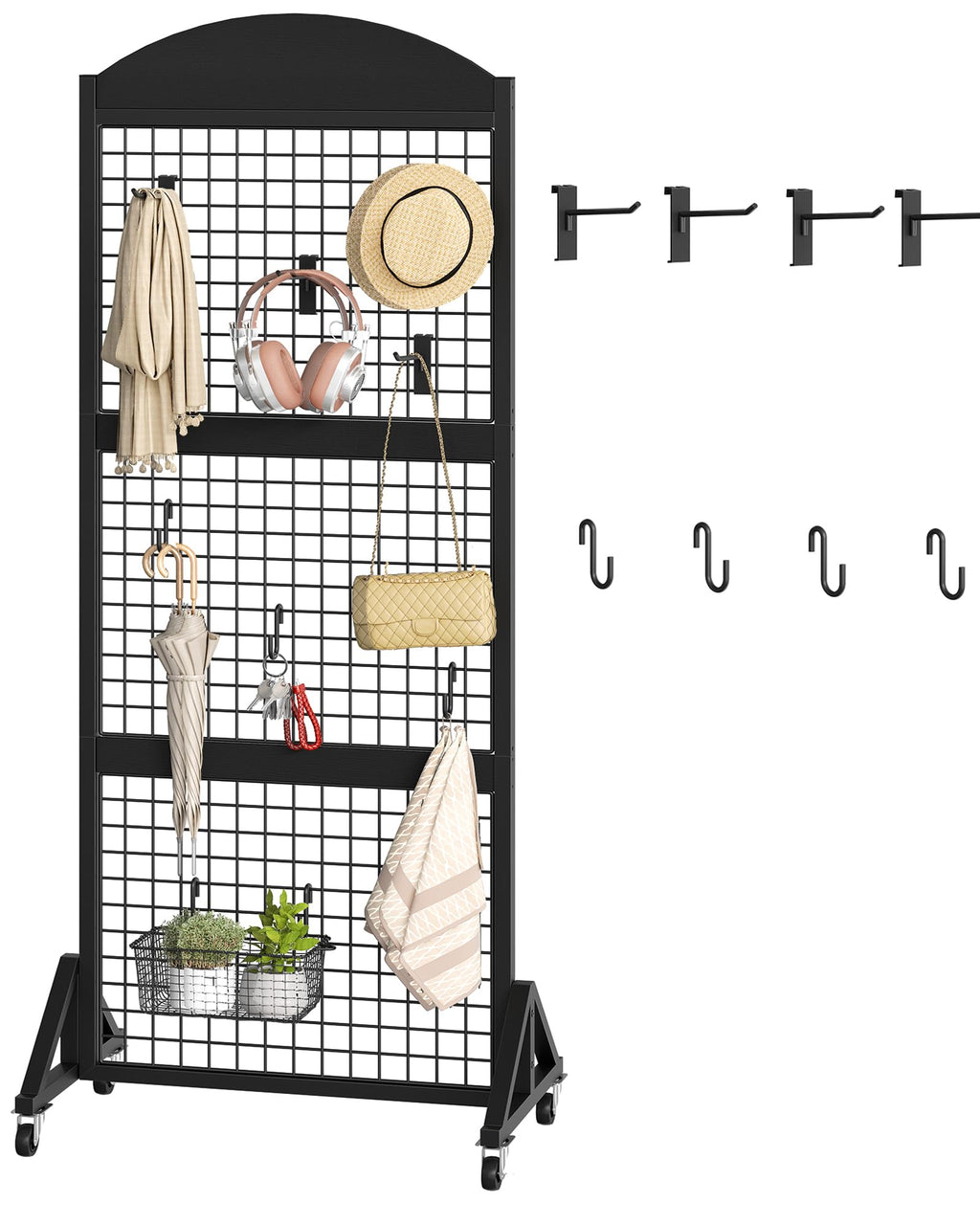 CHOEZON Grid Wall Panel 5.7’ x 2’ FT Grid Display Rack, Movable Gridwall Display Stand with Wheels,Floorstanding Wire Grid Rack with 4 S-Shaped Hooks and 4 Garment Hooks Rustic Brown and Black TCJ17BF