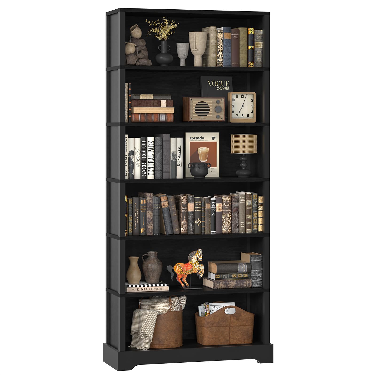 TVU 6-Tier Wooden Book Shelf, Floor-Standing Display Bookcase, 77.2" H x 31.5" W x 11" D Bookshelf, Farmhouse Style Book Case with Arched Base, Suitable for Living Room, Study, Office, Walnut