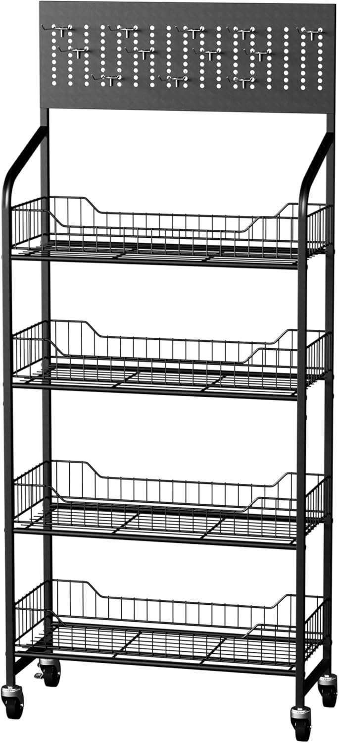 5 Tier Retail Display Rack, Snack Organizer Stand with Wheels & Hooks, Candy Potato Chip Metal Wire Display Shelf Cart for Supermarket and Home Kitchen, Black (65.3 * 23.8 * 10.4)
