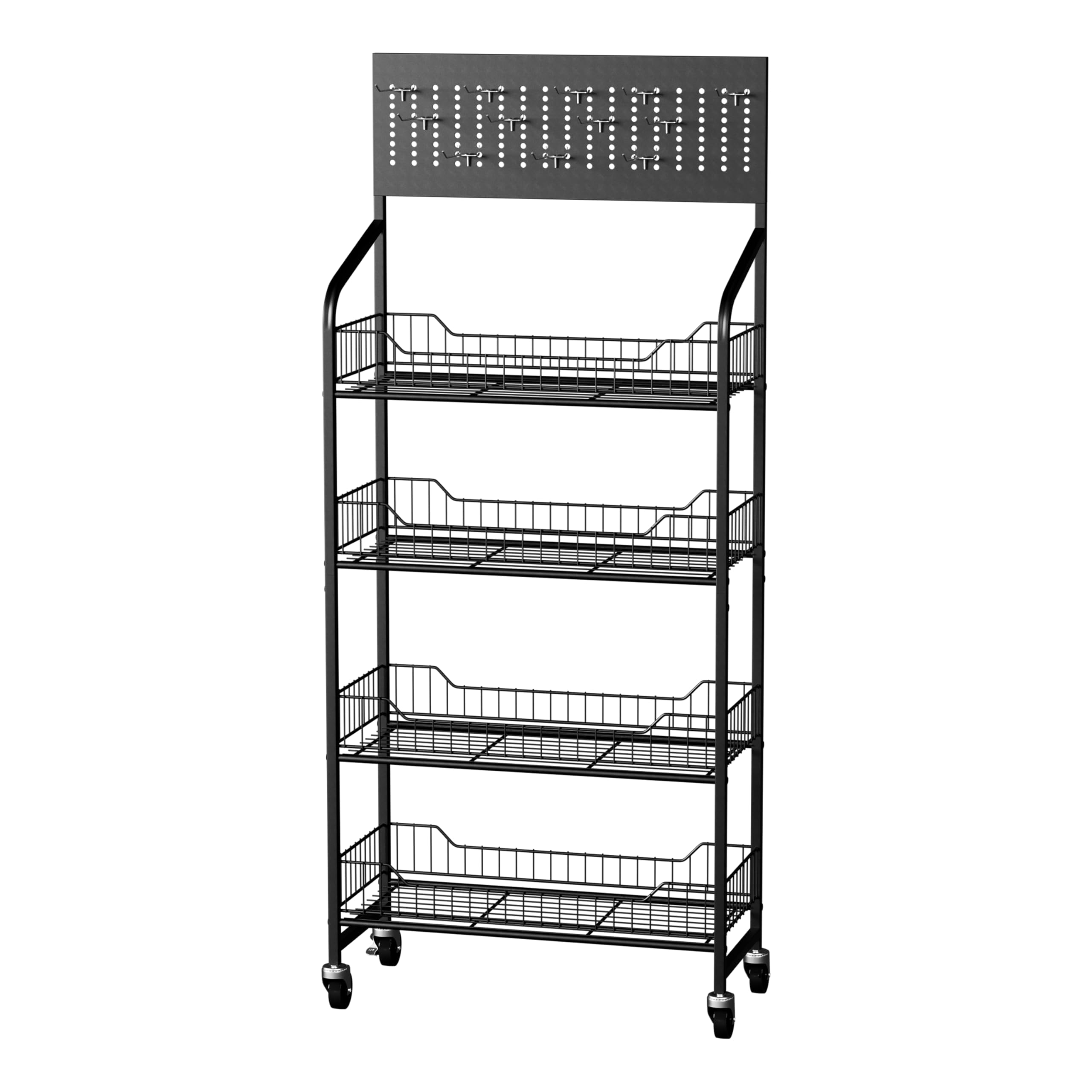 5 Tier Retail Display Rack, Snack Organizer Stand with Wheels & Hooks, Candy Potato Chip Metal Wire Display Shelf Cart for Supermarket and Home Kitchen, Black (65.3 * 23.8 * 10.4)