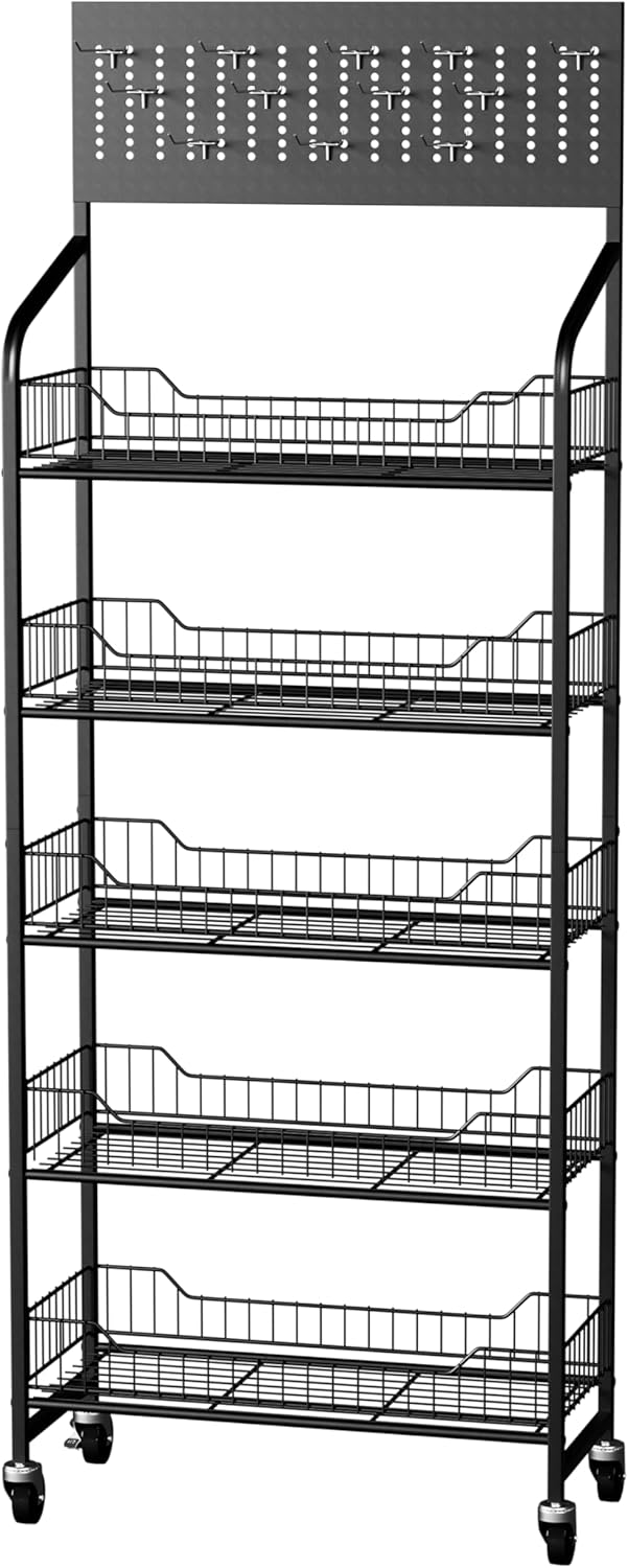 5 Tier Retail Display Rack, Snack Organizer Stand with Wheels & Hooks, Candy Potato Chip Metal Wire Display Shelf Cart for Supermarket and Home Kitchen, Black (65.3 * 23.8 * 10.4)