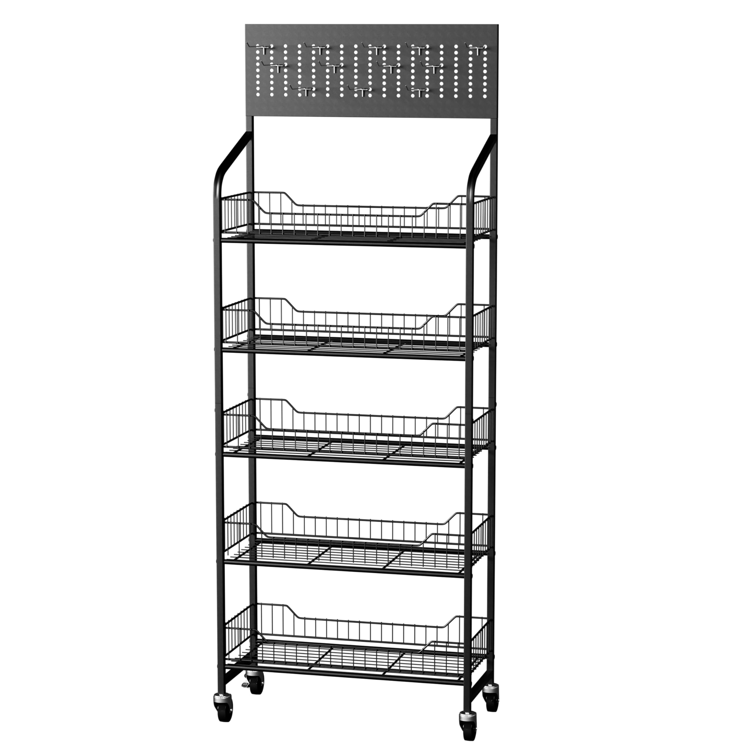 5 Tier Retail Display Rack, Snack Organizer Stand with Wheels & Hooks, Candy Potato Chip Metal Wire Display Shelf Cart for Supermarket and Home Kitchen, Black (65.3 * 23.8 * 10.4)