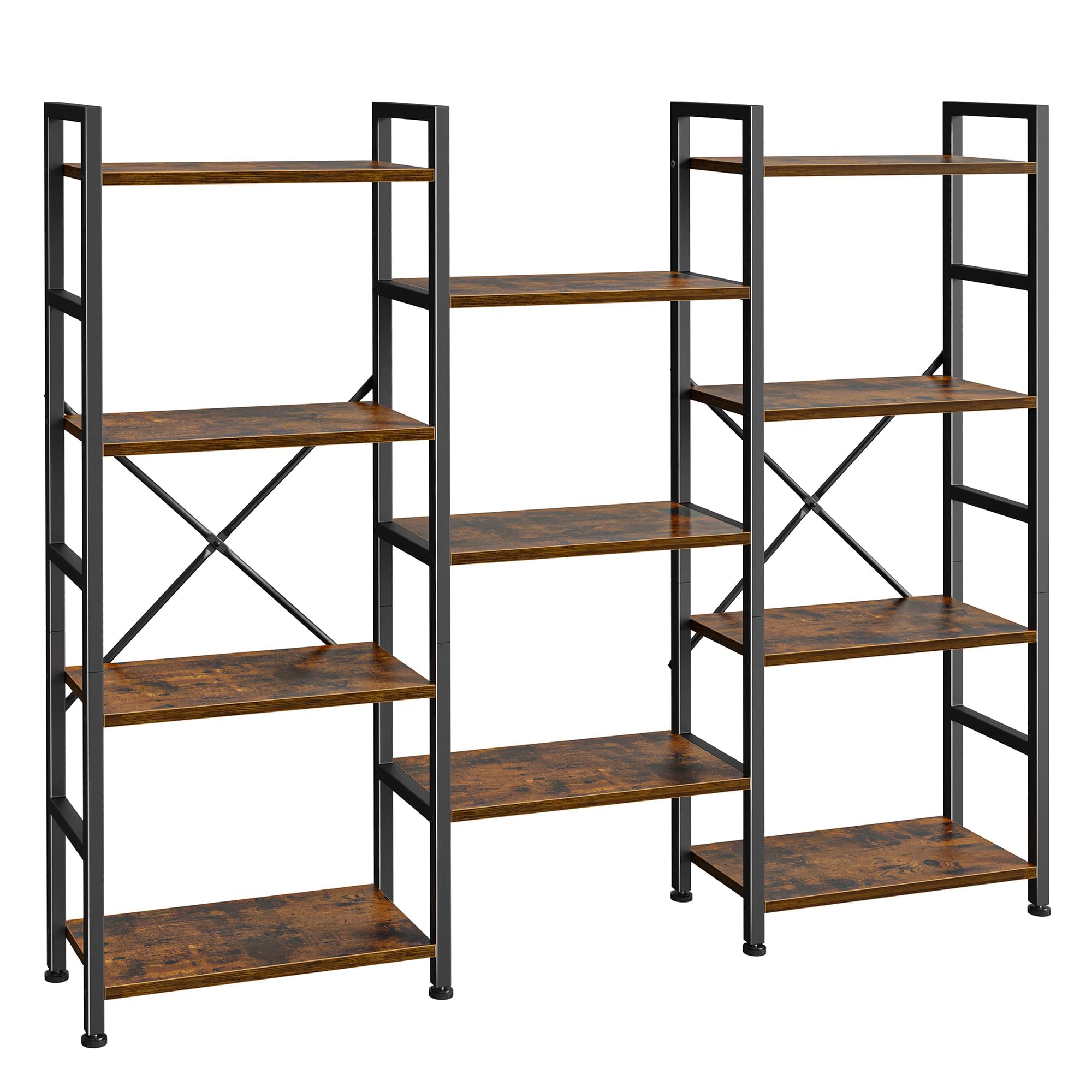 SUPERJARE Triple Bookshelf, Bookcase with 11 Open Display Shelves, Wide Book Shelf Book Case for Home & Office, 4 Tier, Brown