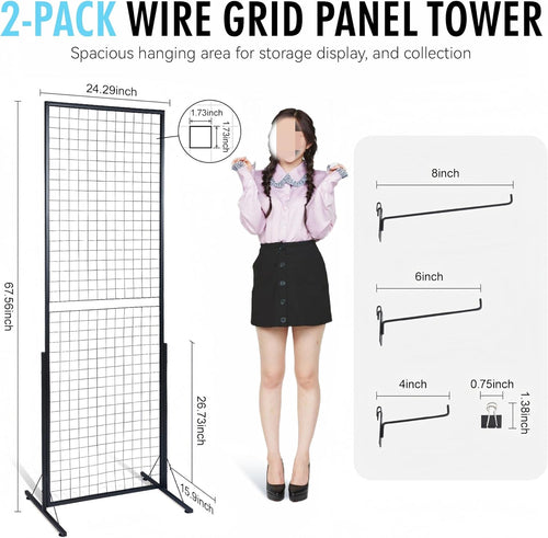 2-Pack 24x68 Inch Black Steel Grid Wall Display Stand, Floor Standing Retail Display Rack with Base for Store, Trade Show, Art Craft Show Merchandise Presentation