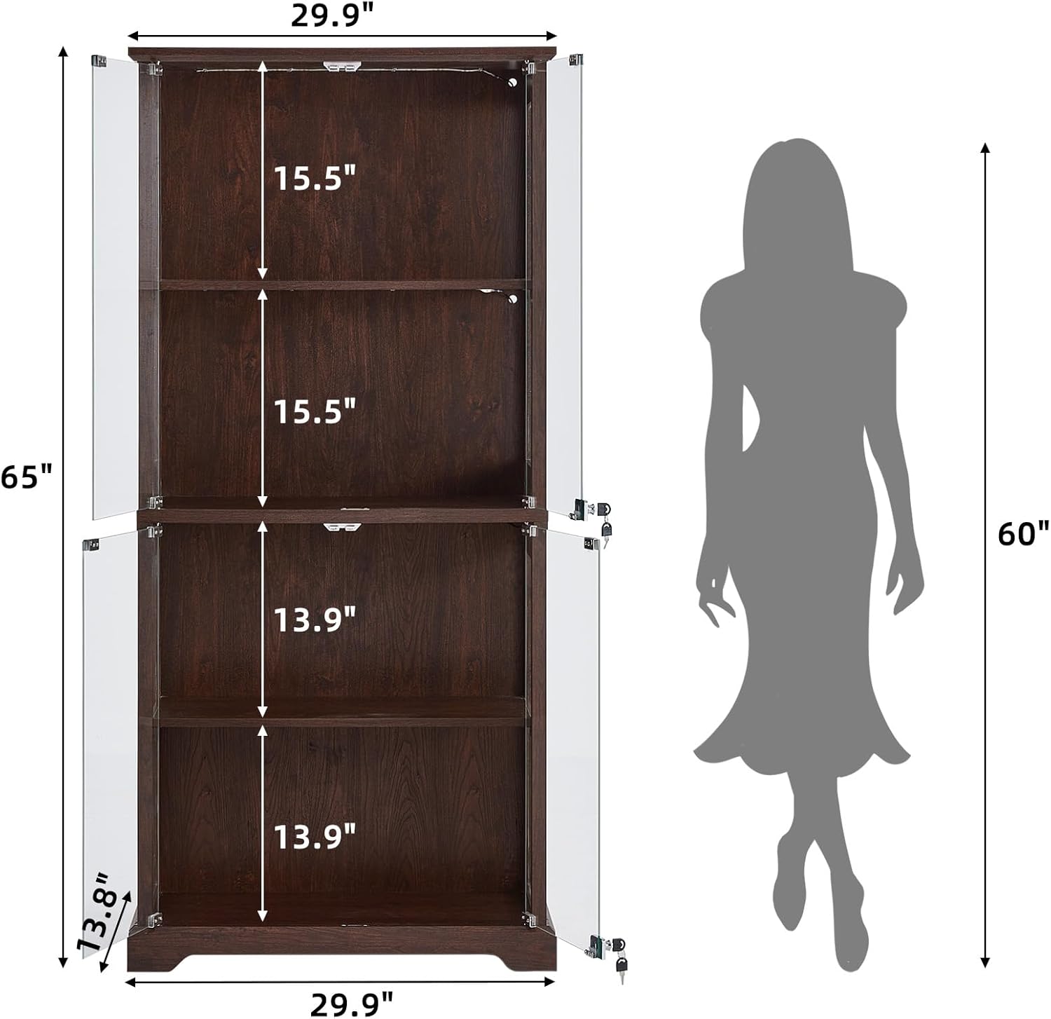 LELELINKY Farmhouse Display Cabinet with Glass Doors, Curio Cabinet with 3-Color LED Motion-Sensor Light for Living Room, Office, Dining Room, Walnut