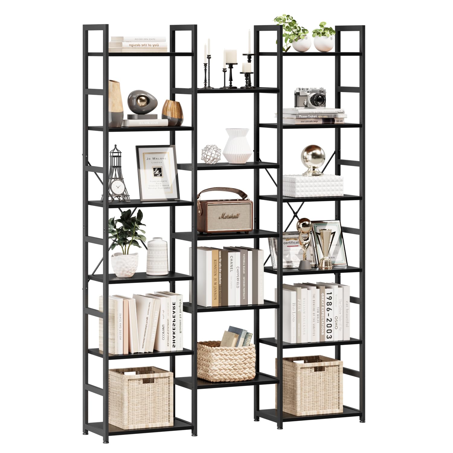 NUMENN Triple Column 5 Tier Bookshelf, Bookcase with 14 Open Display Shelves, Adjustable Rustic Industrial Style Book Shelves, Modern Bookshelves for Bedroom, Living Room and Home Office, Vintage