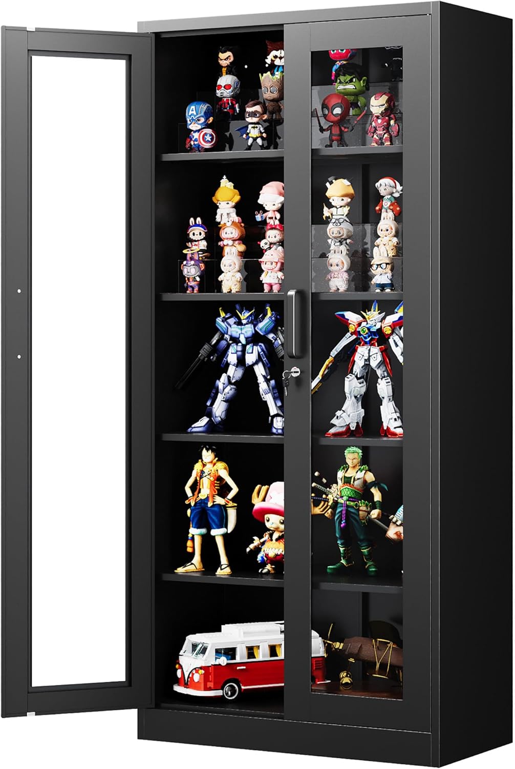 PEUKC Display Cabinet with Glass Doors, 71 Inches Metal Display Case with 4 Adjustable Shelves, Curio Storage Cabinet with Lock for Home, Office, Book, Pantry, Assemble Required (Black)