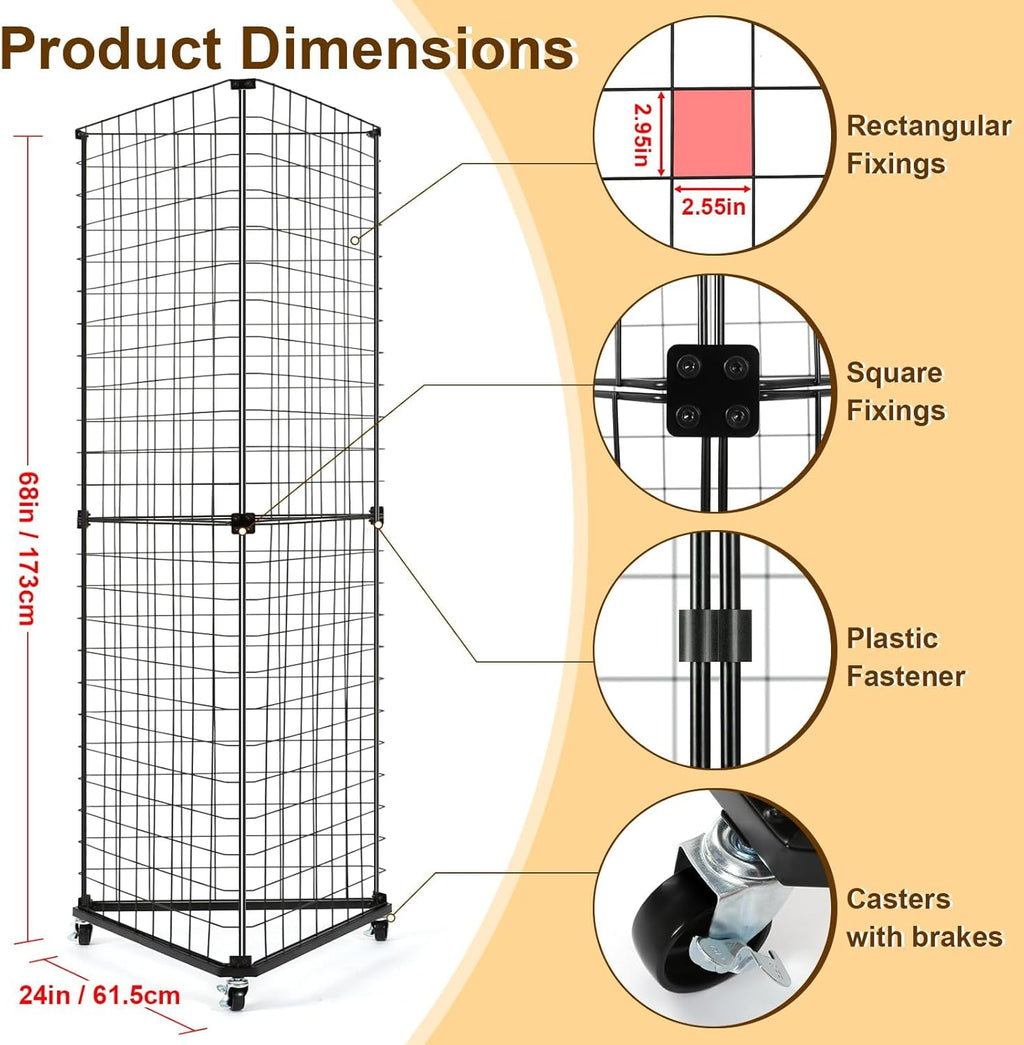 GADFISH Triangular Gridwall Panel Display Stand, Black Triangle Wire Grid Tower with Base and Casters, 24" x 68" Rolling Grid Wall, Panel Stand for Home Organization, Retail, Trade Show, Vendor