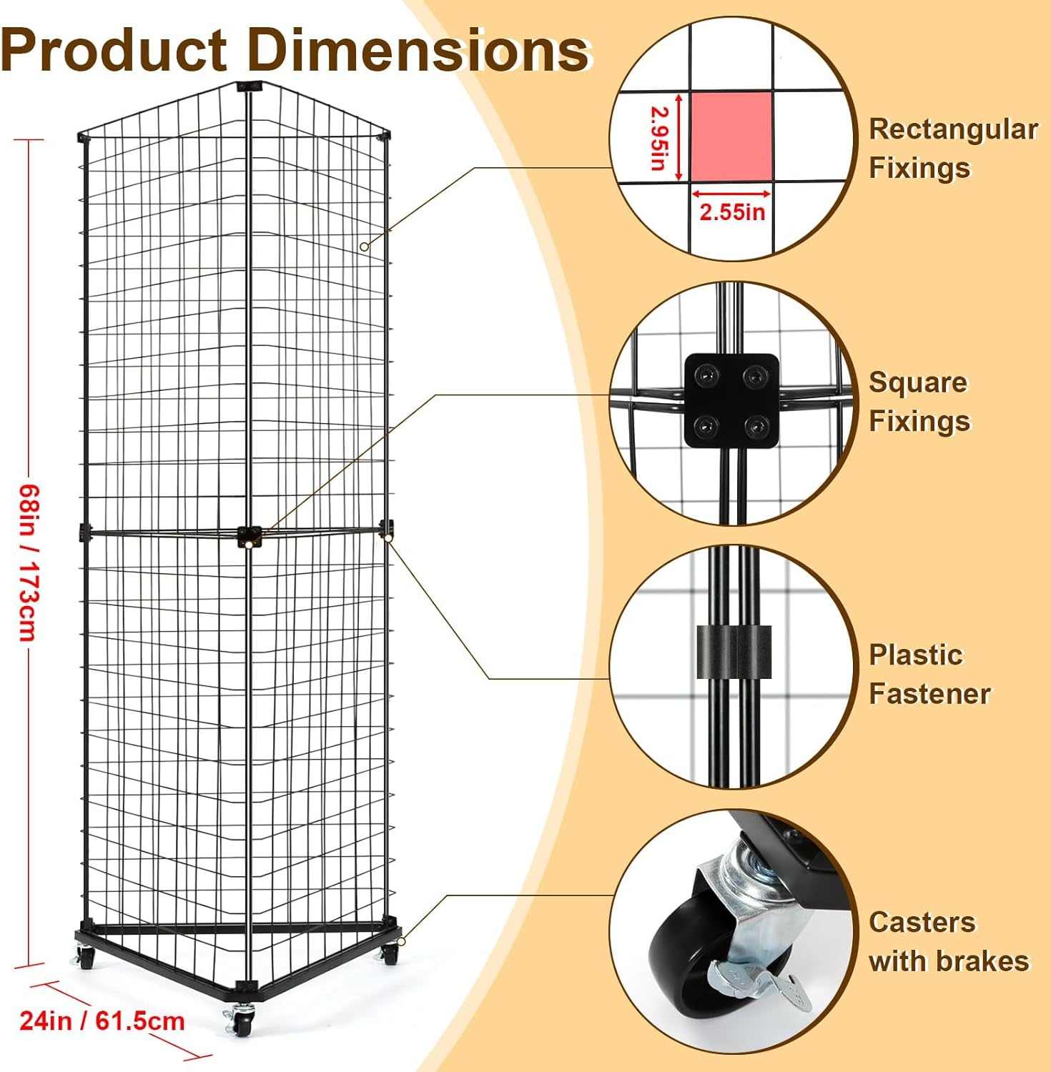 GADFISH Triangular Gridwall Panel Display Stand, Black Triangle Wire Grid Tower with Base and Casters, 24" x 68" Rolling Grid Wall, Panel Stand for Home Organization, Retail, Trade Show, Vendor