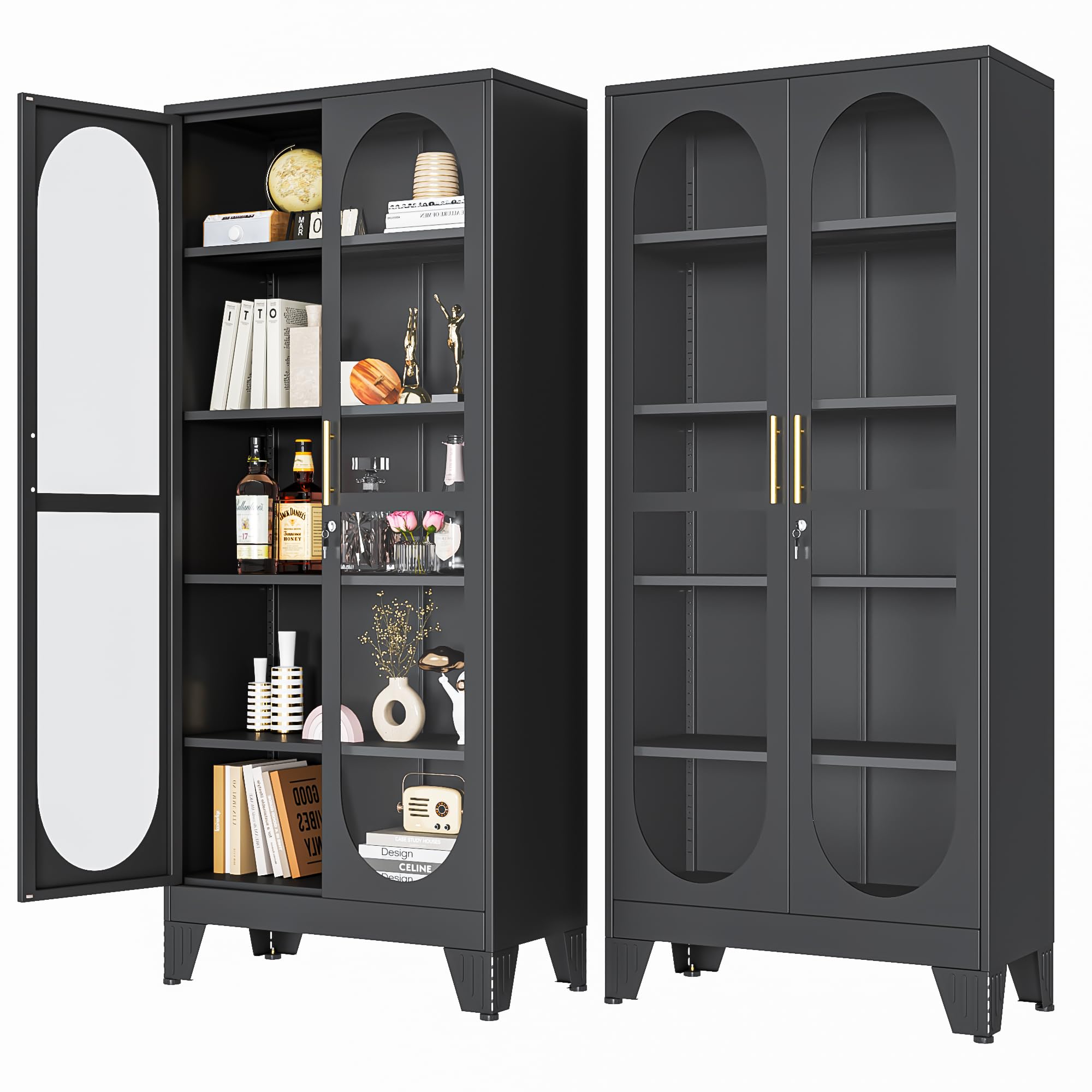 PAOFIN 71" H Locking Display Cabinet with Glass Door, Metal Curio Cabinets with 4 Adjustable Shelves, Tall Liquor Cabinet Display Case for Living Room, Collectibles, Home - Assembly Required Black