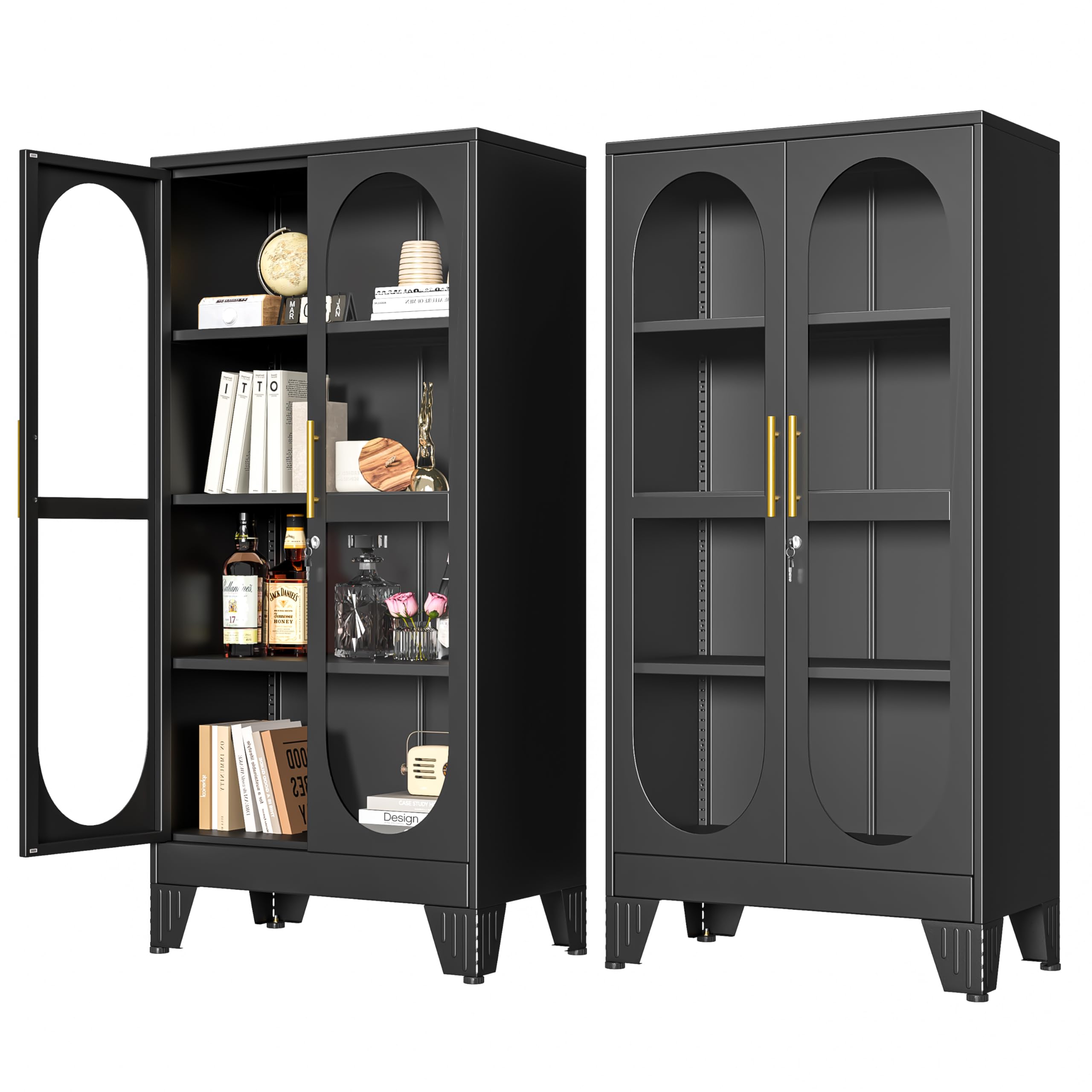 PAOFIN 71" H Locking Display Cabinet with Glass Door, Metal Curio Cabinets with 4 Adjustable Shelves, Tall Liquor Cabinet Display Case for Living Room, Collectibles, Home - Assembly Required Black