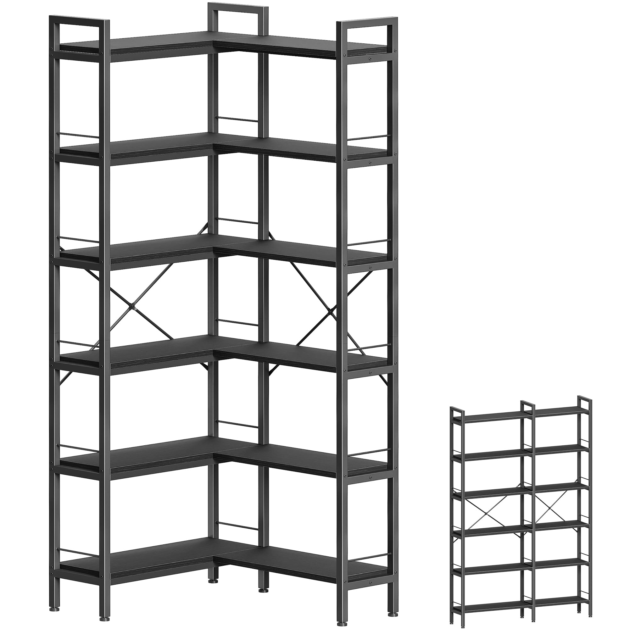 Huuger 5 Tier Bookshelf, L Shaped Corner Bookshelf with 10 Open Shelves, 49.4 Inch Straight Wide Bookcase with Metal Frame and Wooden Board, Adjustable Feet, Rustic Brown
