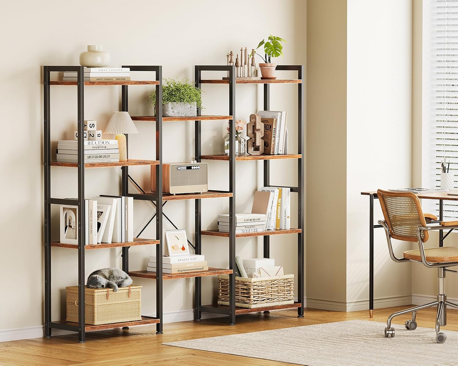 Casaottima Triple 4 Tier Bookshelf, Large Bookcase with 11 Open Display Shelves, Modern Industrial Book Shelves Book Case for Bedroom, Wide Standing Shelving Unit for Living Room Home Office, Vintage