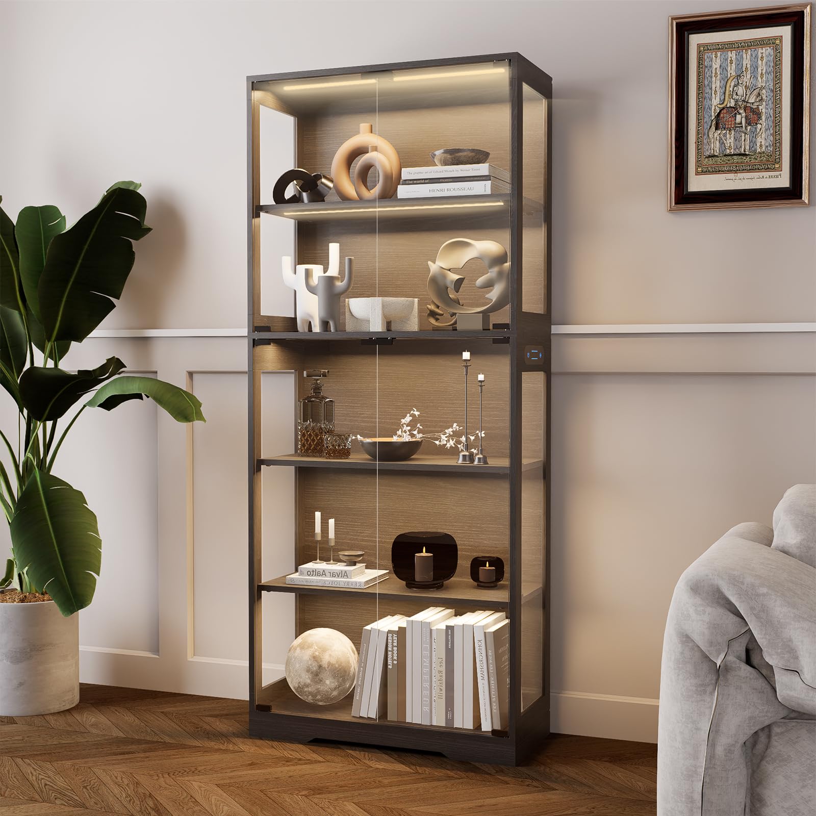 Glass Display Cabinet, 5-Tier Curio Cabinet with Glass Doors, Dimming LED Lights & Motion Sensor, for Collectible Figures, Living Room, Bedroom, or Office (Wooden Frame)