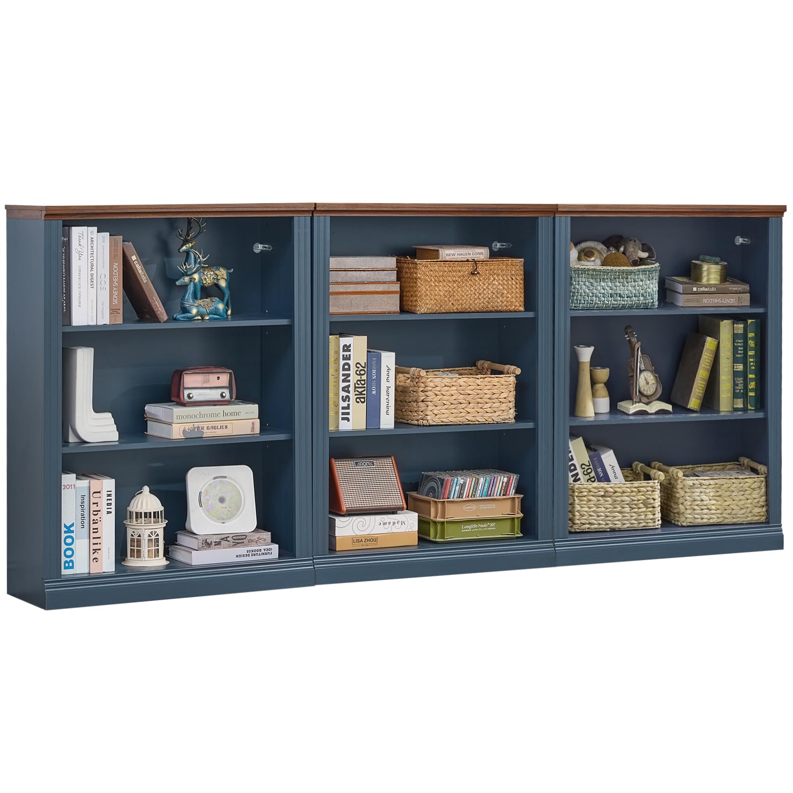 RWYHG 43" Walnut Tall Bookshelf,3-Tier Thick Wooden Book Shelf with Adjustable Shelves,Free Standing Farmhouse Bookcase with Open Display Storage,Floor Vintage Bookshelves for Living Room,Office