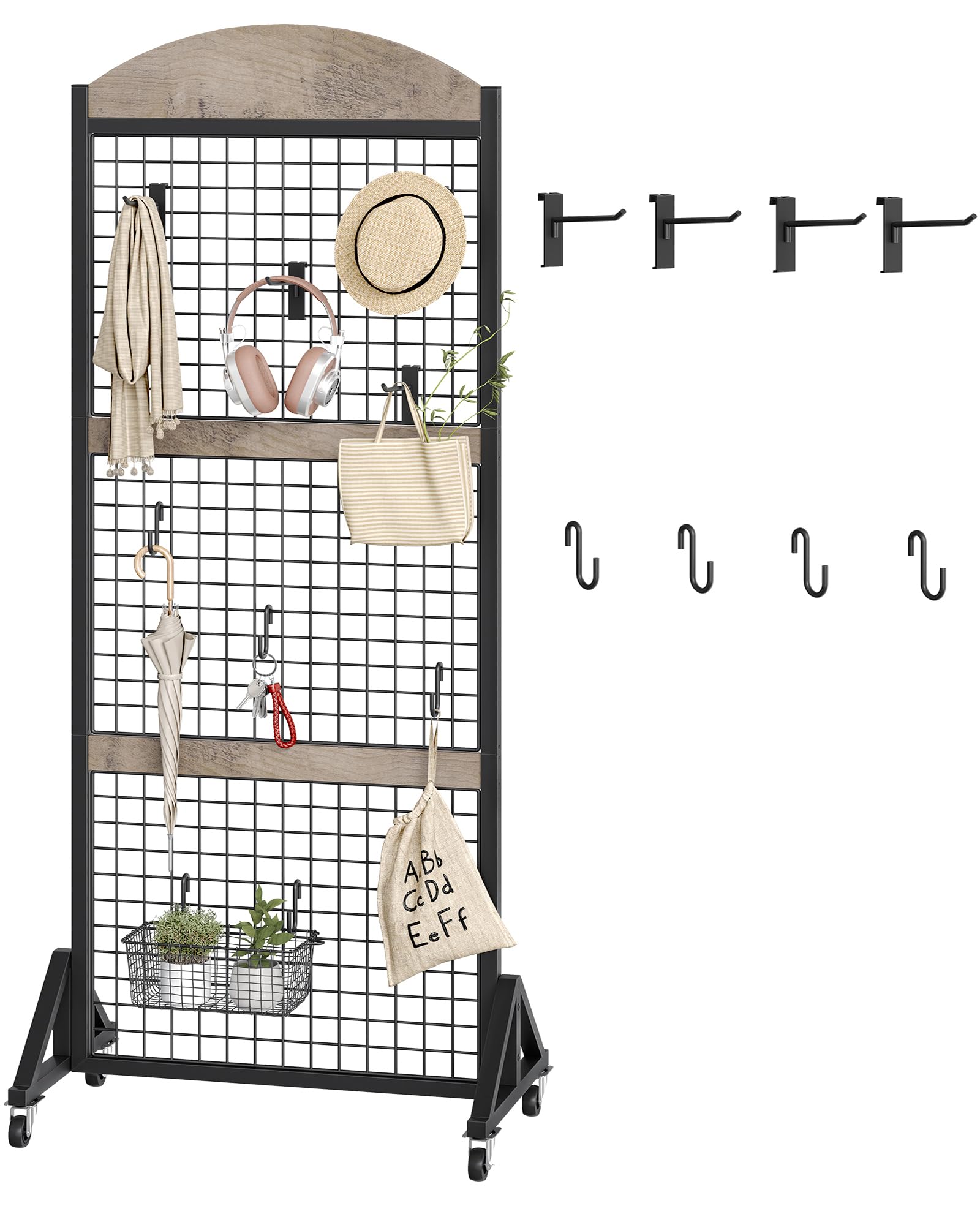 CHOEZON Grid Wall Panel 5.7’ x 2’ FT Grid Display Rack, Movable Gridwall Display Stand with Wheels,Floorstanding Wire Grid Rack with 4 S-Shaped Hooks and 4 Garment Hooks Rustic Brown and Black TCJ17BF