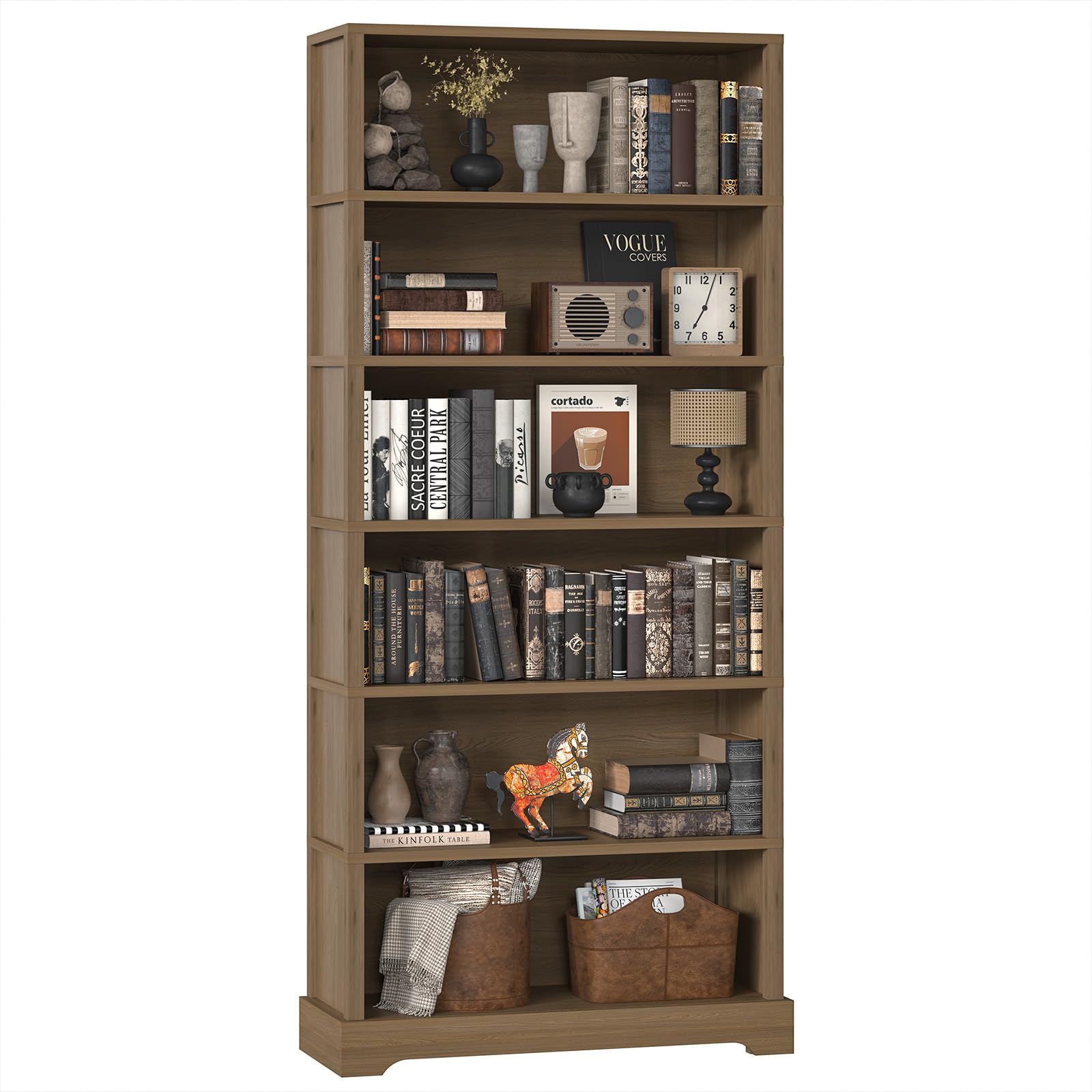 TVU 6-Tier Wooden Book Shelf, Floor-Standing Display Bookcase, 77.2" H x 31.5" W x 11" D Bookshelf, Farmhouse Style Book Case with Arched Base, Suitable for Living Room, Study, Office, Walnut