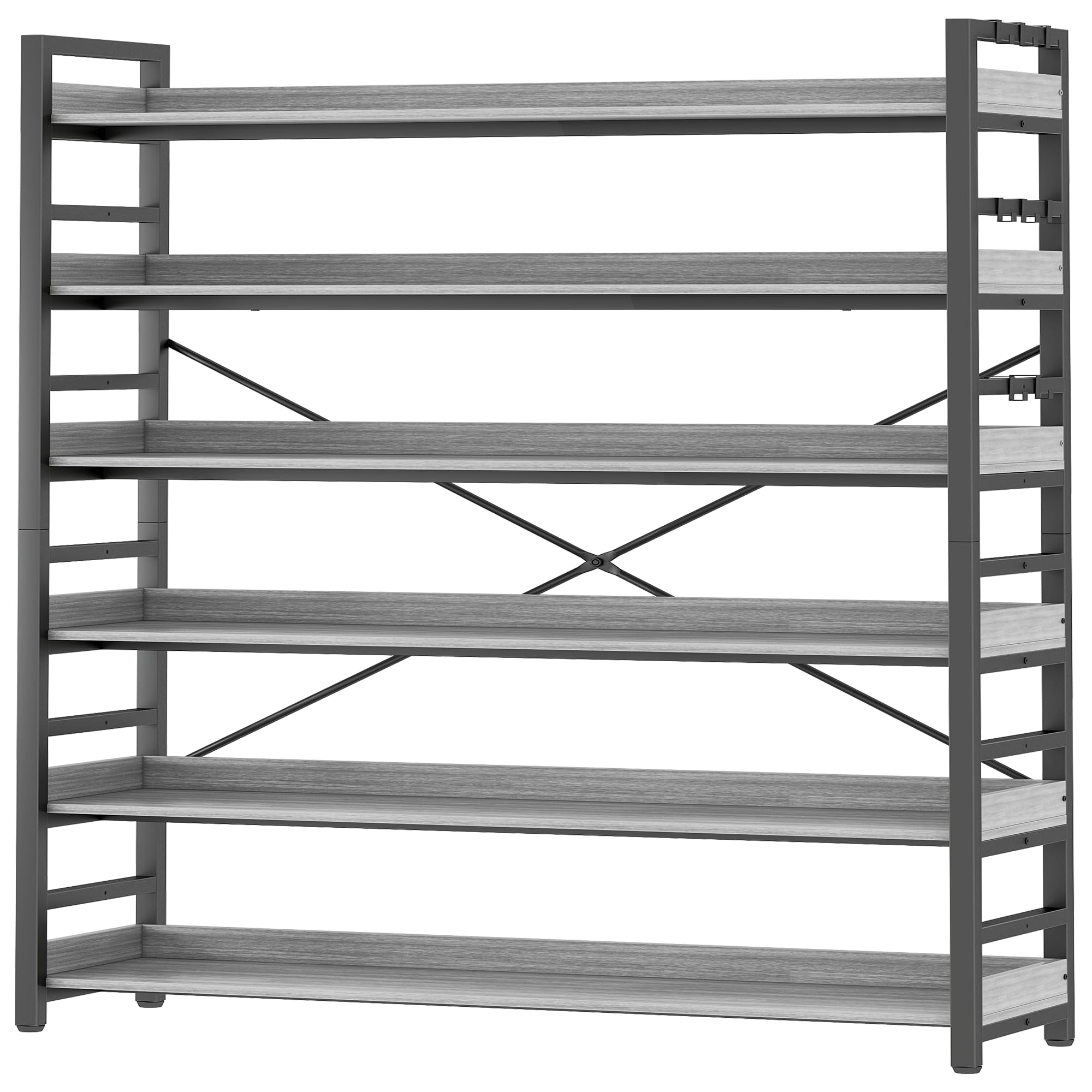 HCHQHS Adjustable 6 Tier Open Bookcase, Rustic Farmhouse Book Shelves, Industrial Wood and Black Metal Bookshelves, Mid Century Bookcase for Home Office Living Room Bedroom