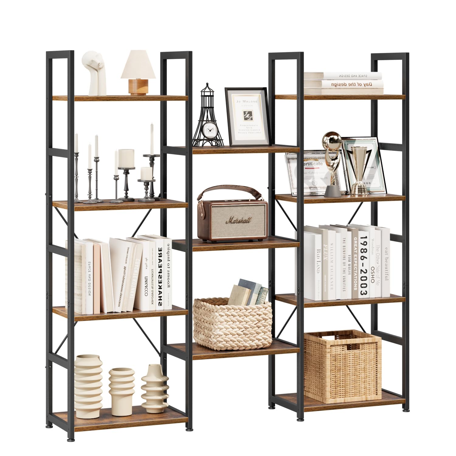 NUMENN Triple Column 5 Tier Bookshelf, Bookcase with 14 Open Display Shelves, Adjustable Rustic Industrial Style Book Shelves, Modern Bookshelves for Bedroom, Living Room and Home Office, Vintage