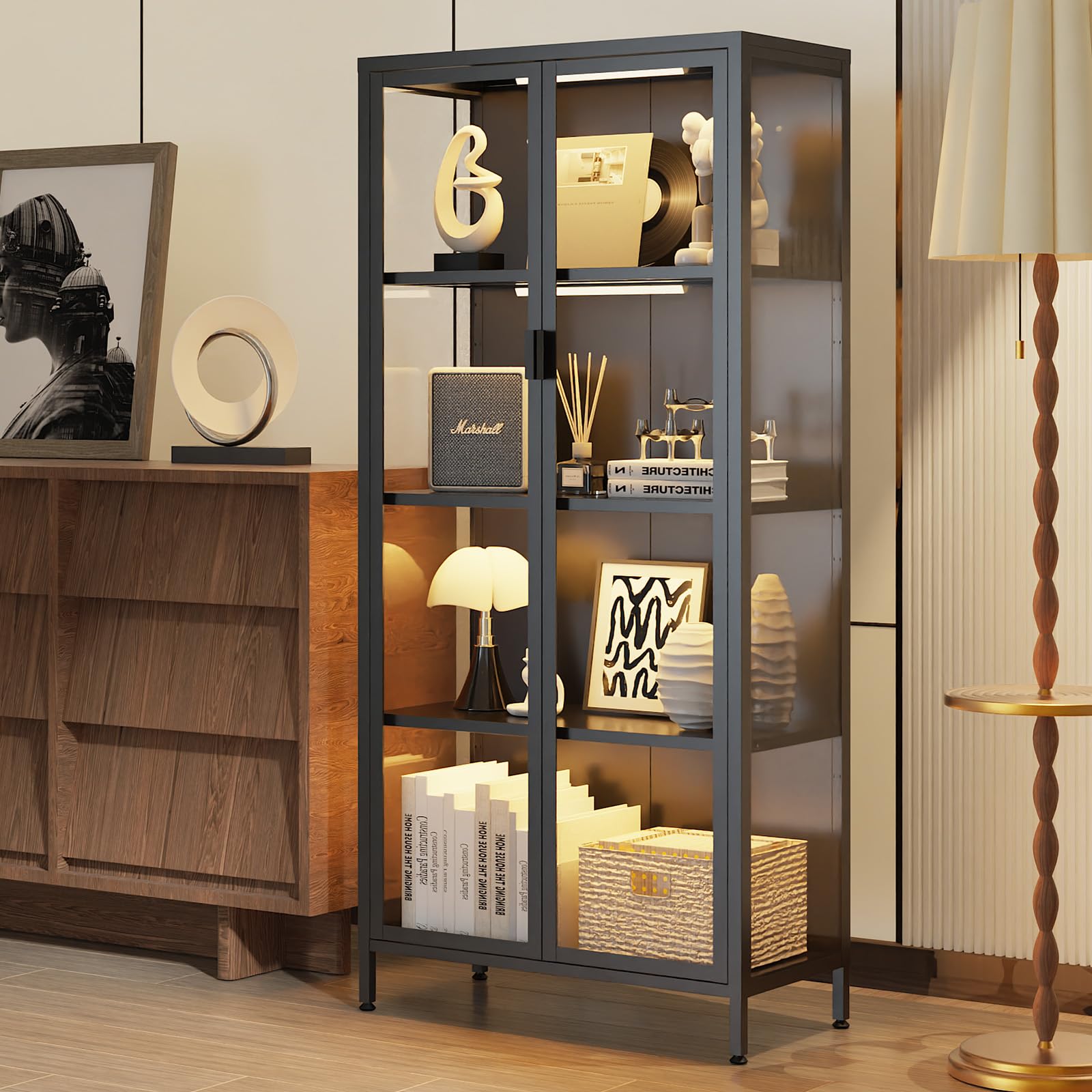 Eltean 71" H Display Cabinet with Glass Doors, 5 Tiers Curio Glass Display Cabinet with 3 Colors LED Sensor Light,Display Cabinets for Collectible with 4 Adjustable Shelves for Living Room,Bedroom