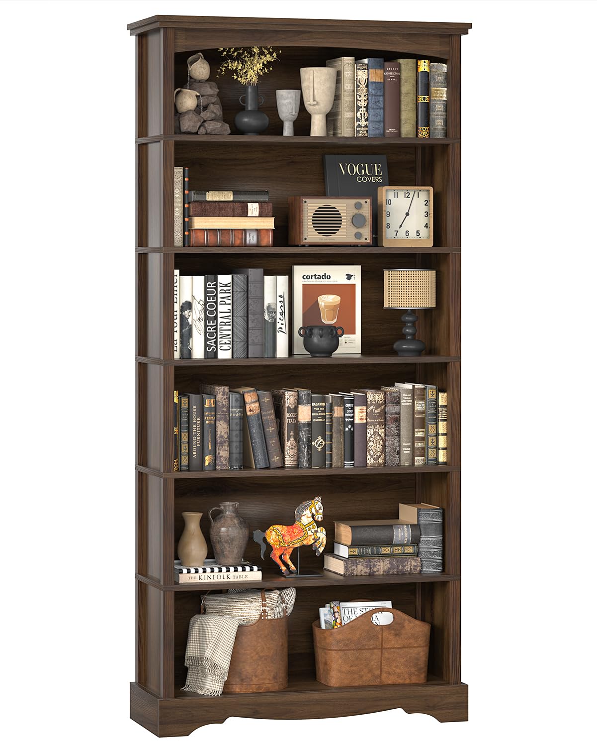 TVU 5-Tier Wooden Bookshelf, 65 Inch Tall Bookshelf with Storage, Floor Standing Modern Style Display Bookcase for Living Room, Office, Study Room, Entryway, Brown