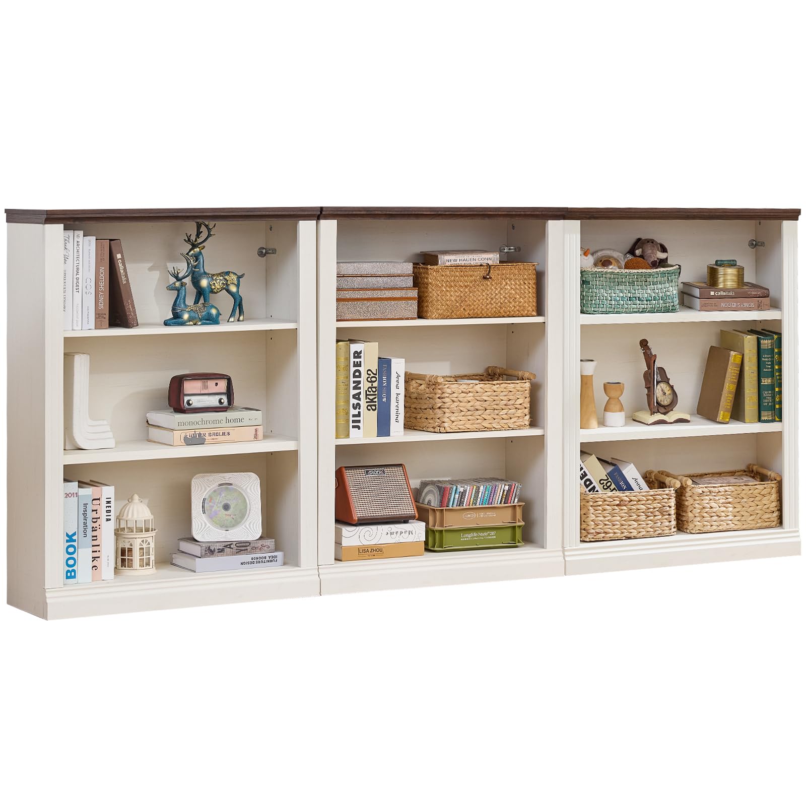 RWYHG 43" Walnut Tall Bookshelf,3-Tier Thick Wooden Book Shelf with Adjustable Shelves,Free Standing Farmhouse Bookcase with Open Display Storage,Floor Vintage Bookshelves for Living Room,Office