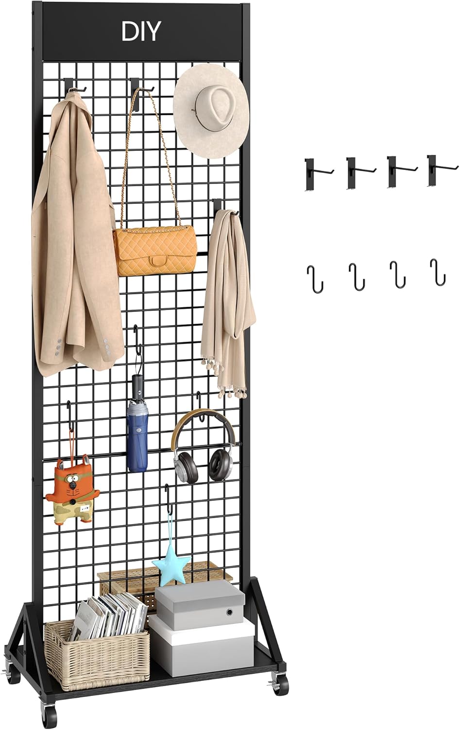 CHOEZON Grid Wall Panel, 2’ x 5.7’ Ft Floor Standing Gridwall Display Rack, Retail Display Stand, with 4 S-Shaped Hooks and 4 Garment Hooks, for Entryway, Study, Kitchen, Outdoors, Black TCJ27BB