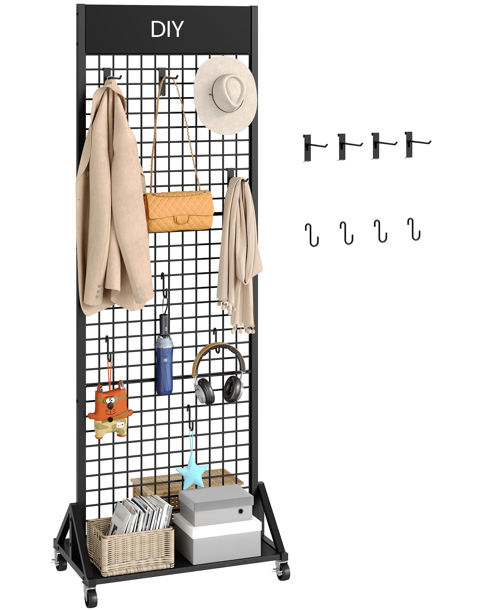 CHOEZON Grid Wall Panel, 2’ x 5.7’ Ft Floor Standing Gridwall Display Rack, Retail Display Stand, with 4 S-Shaped Hooks and 4 Garment Hooks, for Entryway, Study, Kitchen, Outdoors, Black TCJ27BB