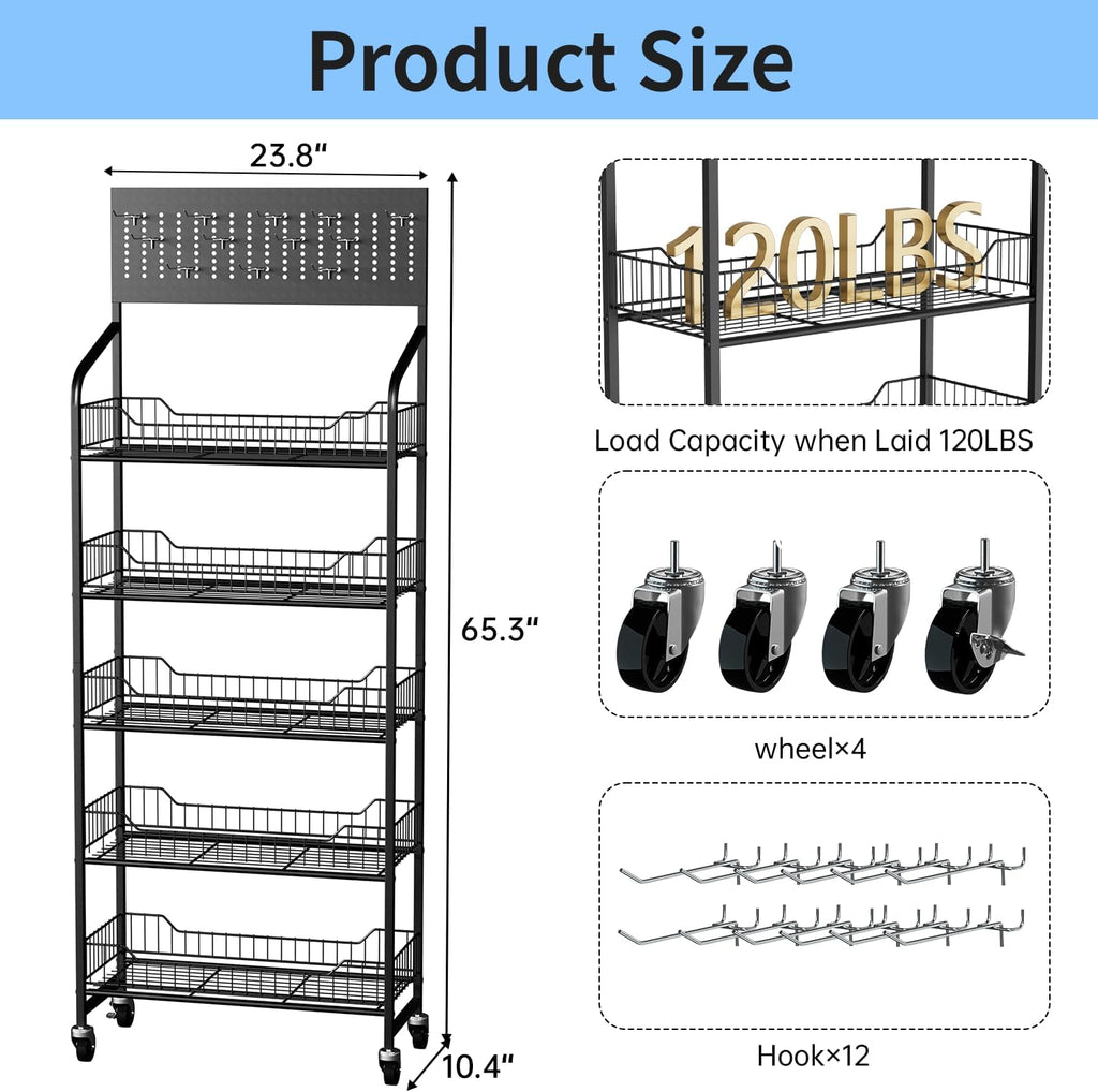 5 Tier Retail Display Rack, Snack Organizer Stand with Wheels & Hooks, Candy Potato Chip Metal Wire Display Shelf Cart for Supermarket and Home Kitchen, Black (65.3 * 23.8 * 10.4)