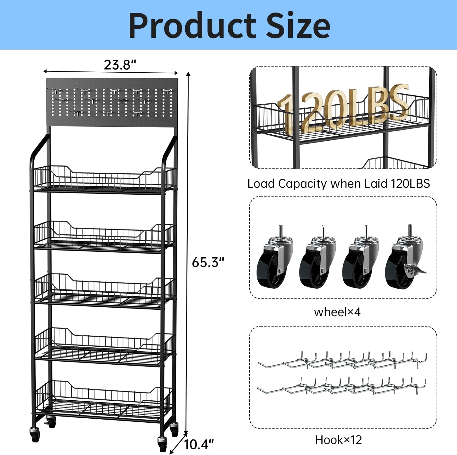 5 Tier Retail Display Rack, Snack Organizer Stand with Wheels & Hooks, Candy Potato Chip Metal Wire Display Shelf Cart for Supermarket and Home Kitchen, Black (65.3 * 23.8 * 10.4)