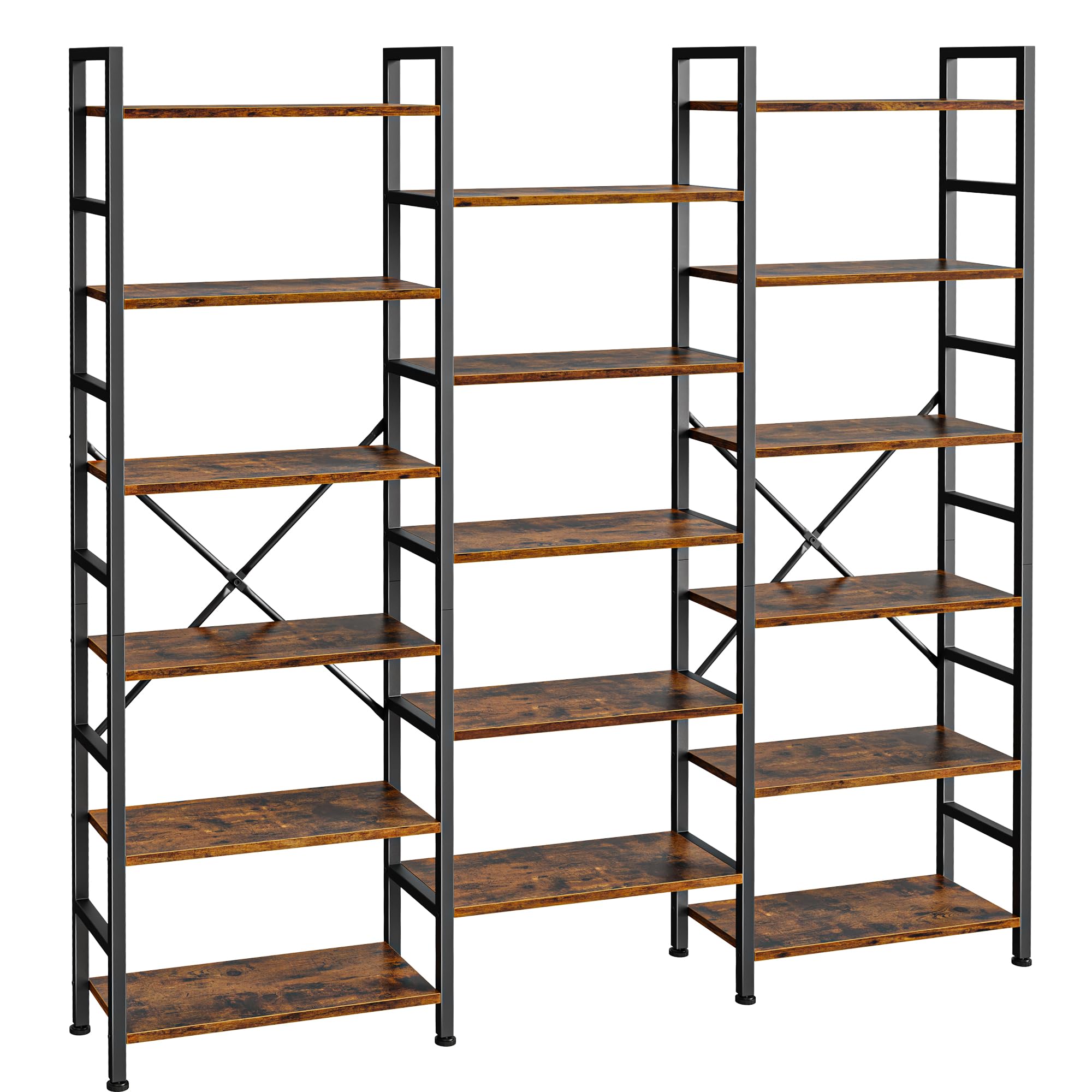 SUPERJARE Triple Bookshelf, Bookcase with 11 Open Display Shelves, Wide Book Shelf Book Case for Home & Office, 4 Tier, Brown
