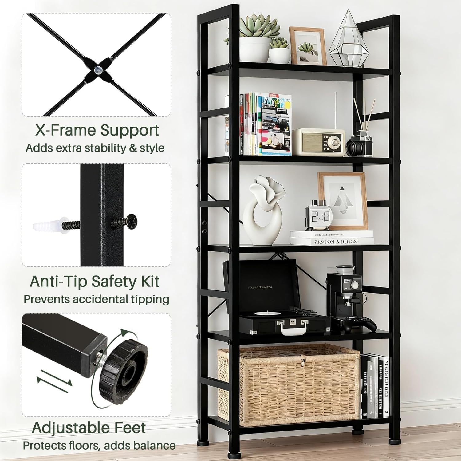 5 Tier Bookshelf, Free Standing Wooden Bookcase with Open Storage Shelves with Metal Frame, Sturdy Shelf Organization Display Rack for Living Room, Bedroom, Home Office, 62.2" Tall, Black