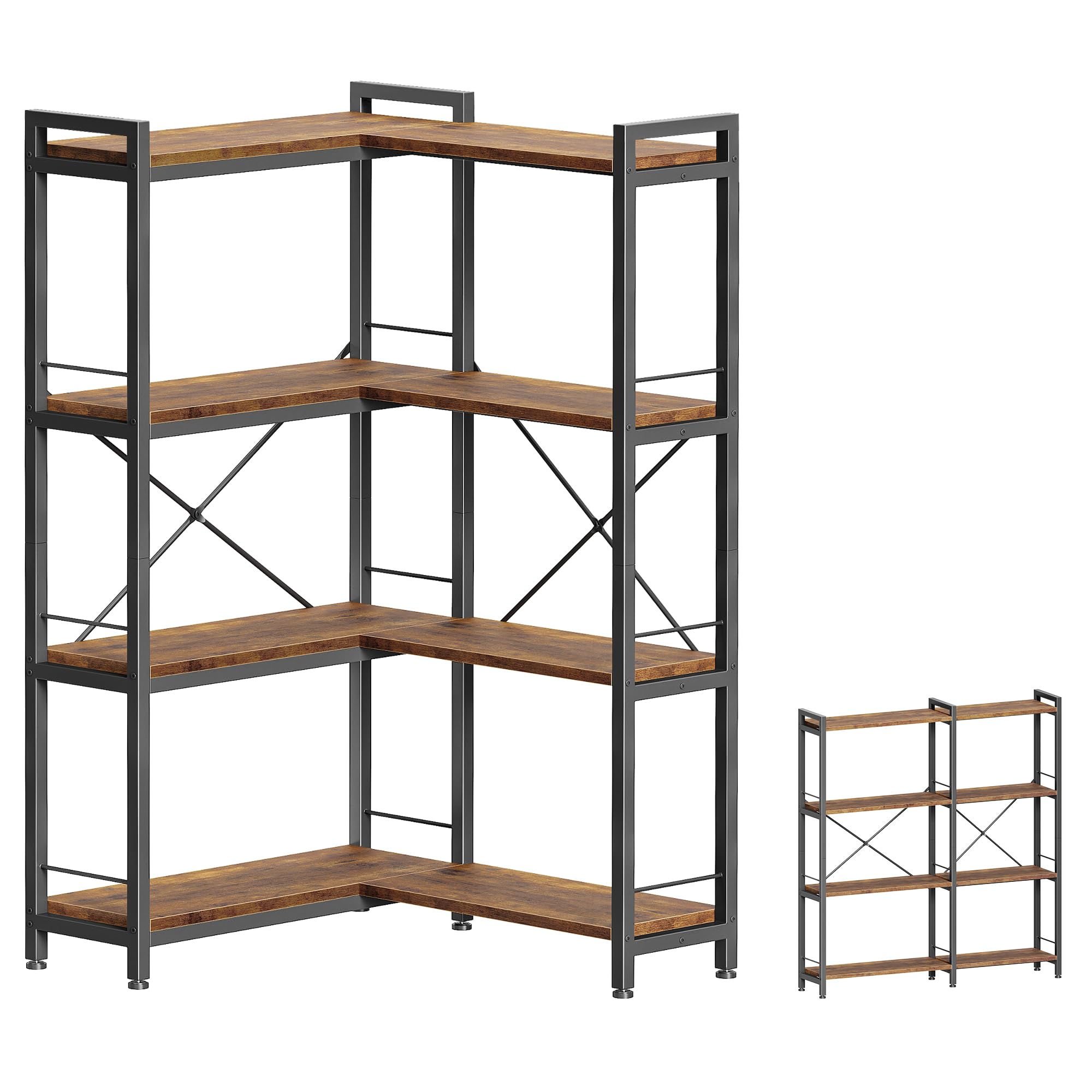 Huuger 5 Tier Bookshelf, L Shaped Corner Bookshelf with 10 Open Shelves, 49.4 Inch Straight Wide Bookcase with Metal Frame and Wooden Board, Adjustable Feet, Rustic Brown