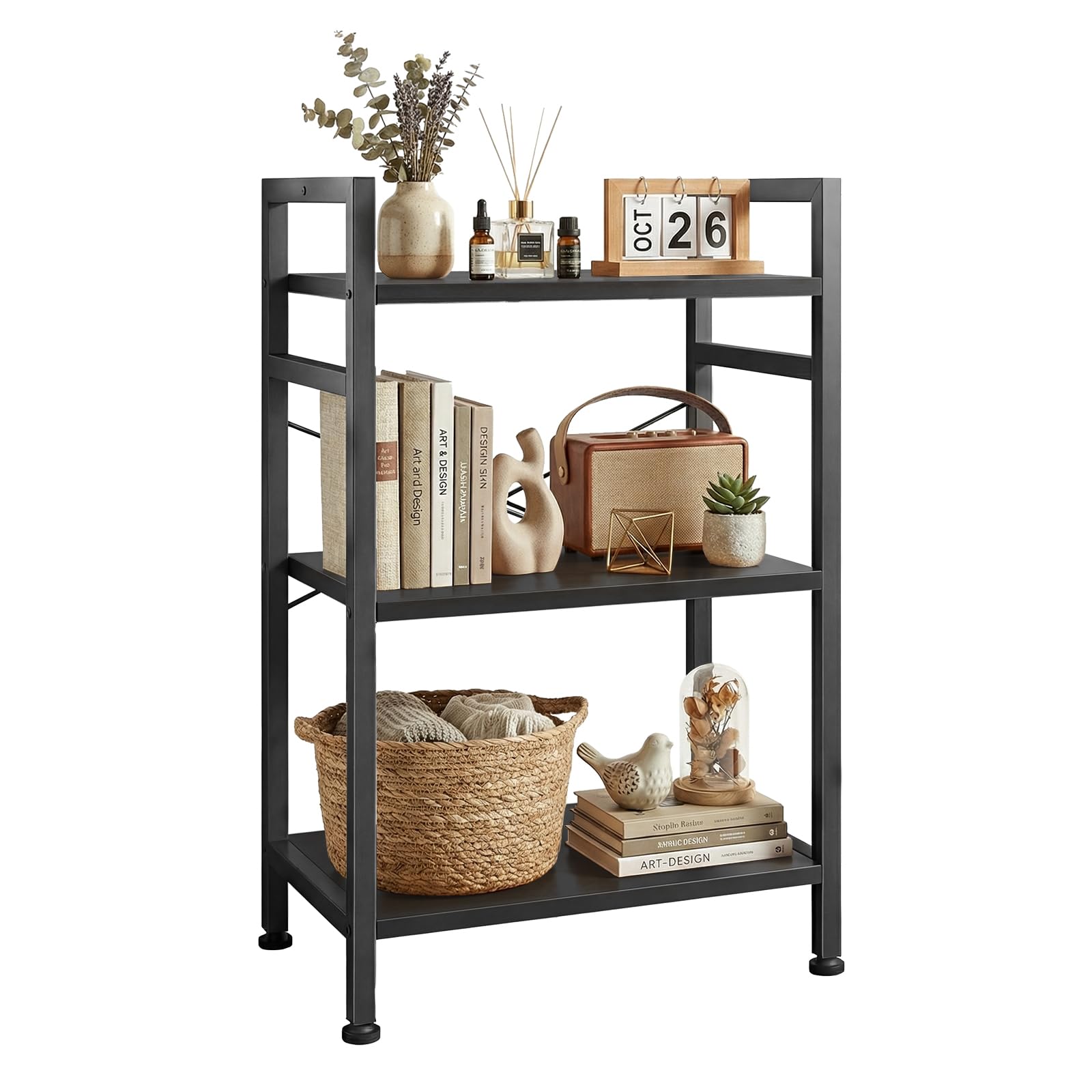 5 Tier Bookshelf, Free Standing Wooden Bookcase with Open Storage Shelves with Metal Frame, Sturdy Shelf Organization Display Rack for Living Room, Bedroom, Home Office, 62.2" Tall, Black