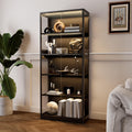 Glass Display Cabinet, 5-Tier Curio Cabinet with Glass Doors, Dimming LED Lights & Motion Sensor, for Collectible Figures, Living Room, Bedroom, or Office (Wooden Frame)