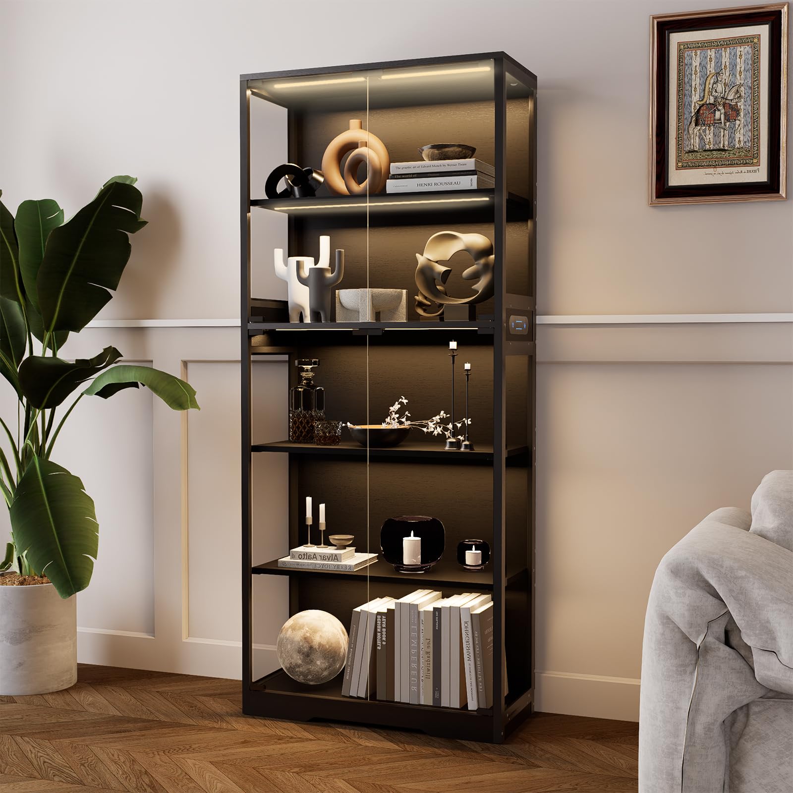 Glass Display Cabinet, 5-Tier Curio Cabinet with Glass Doors, Dimming LED Lights & Motion Sensor, for Collectible Figures, Living Room, Bedroom, or Office (Wooden Frame)