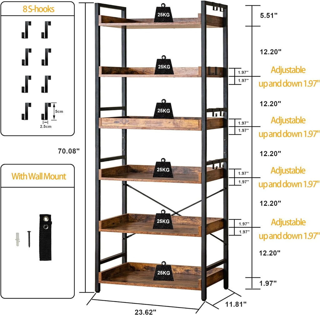 HCHQHS Adjustable 6 Tier Open Bookcase, Rustic Farmhouse Book Shelves, Industrial Wood and Black Metal Bookshelves, Mid Century Bookcase for Home Office Living Room Bedroom