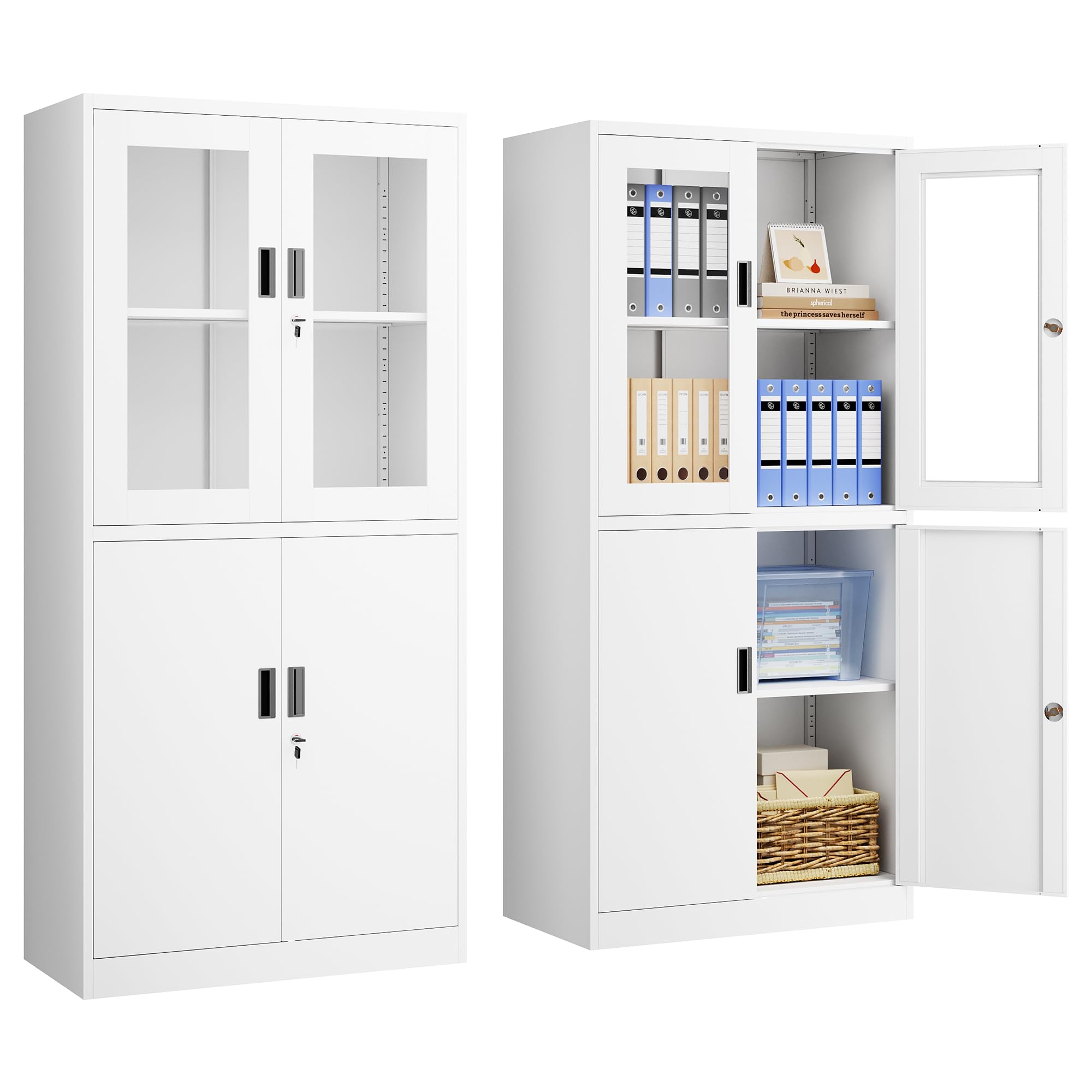 PEUKC Display Cabinet with Glass Doors, 71 Inches Metal Display Case with 4 Adjustable Shelves, Curio Storage Cabinet with Lock for Home, Office, Book, Pantry, Assemble Required (White)