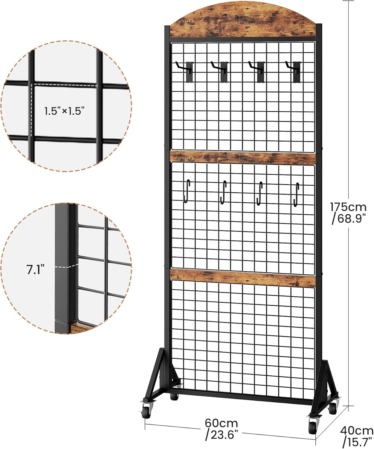 CHOEZON Grid Wall Panel 5.7’ x 2’ FT Grid Display Rack, Movable Gridwall Display Stand with Wheels,Floorstanding Wire Grid Rack with 4 S-Shaped Hooks and 4 Garment Hooks Rustic Brown and Black TCJ17BF