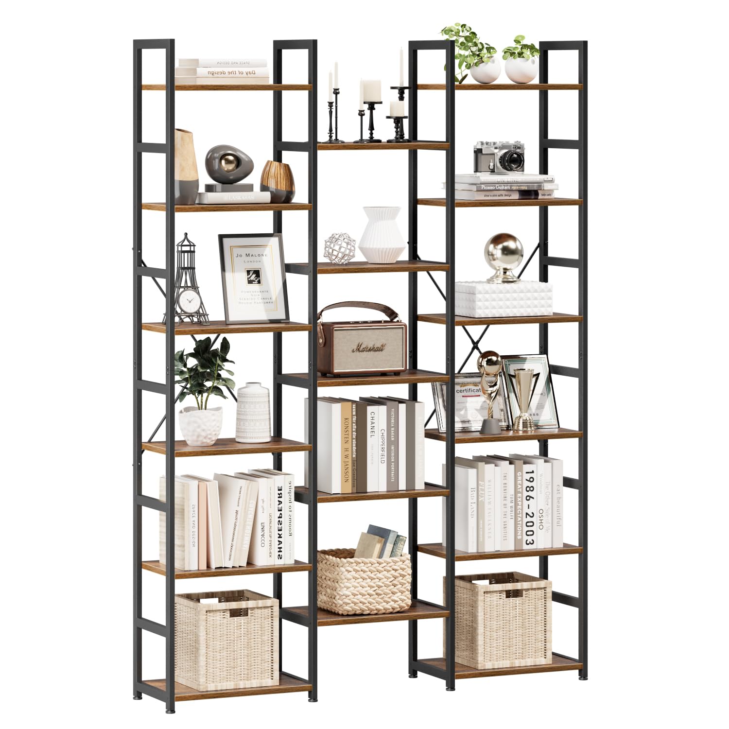 NUMENN Triple Column 5 Tier Bookshelf, Bookcase with 14 Open Display Shelves, Adjustable Rustic Industrial Style Book Shelves, Modern Bookshelves for Bedroom, Living Room and Home Office, Vintage