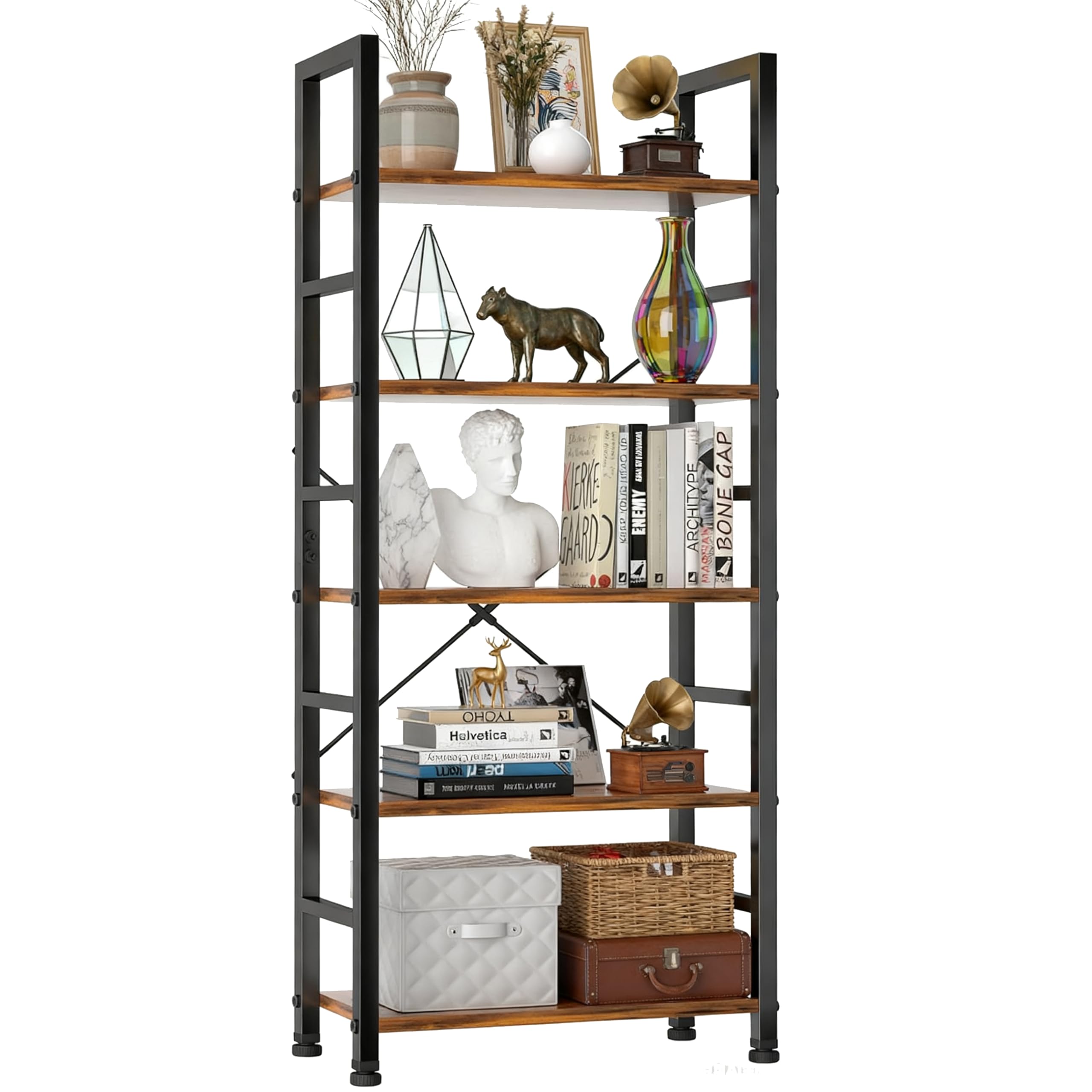 5 Tier Bookshelf, Free Standing Wooden Bookcase with Open Storage Shelves with Metal Frame, Sturdy Shelf Organization Display Rack for Living Room, Bedroom, Home Office, 62.2" Tall, Black