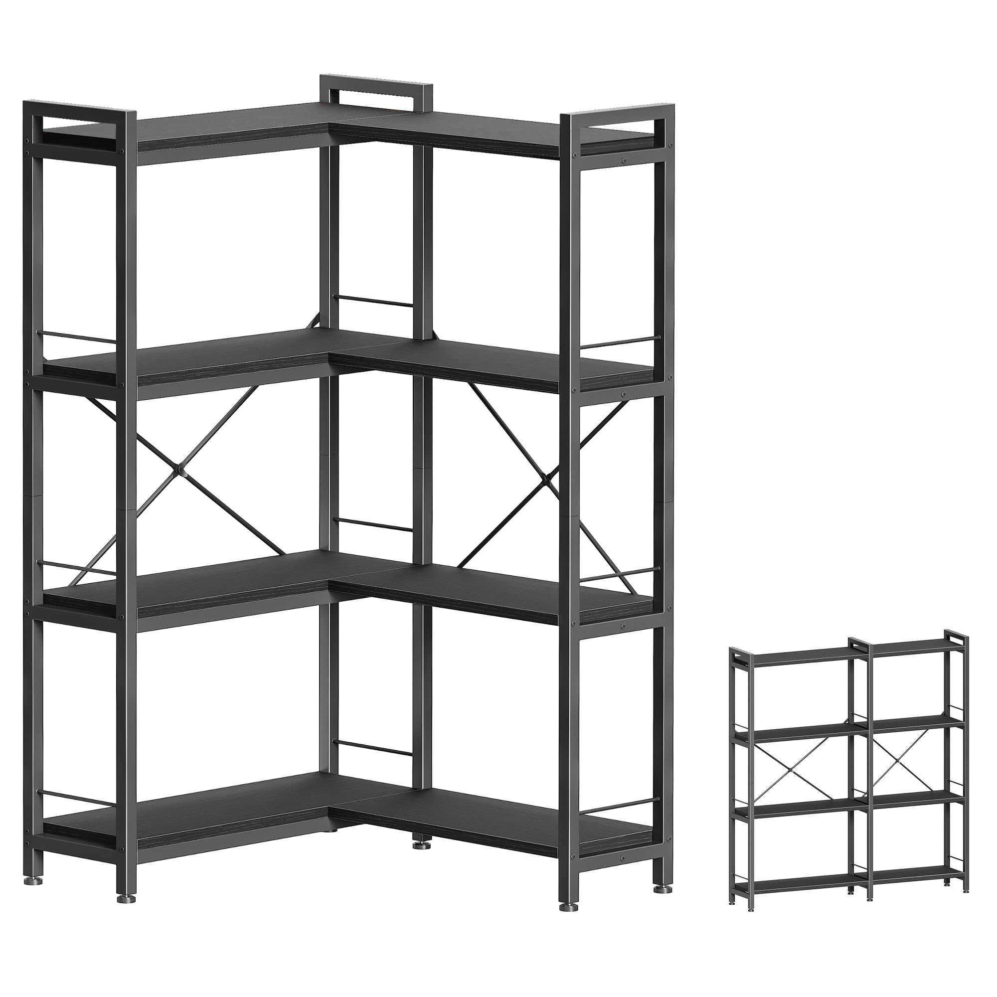 Huuger 5 Tier Bookshelf, L Shaped Corner Bookshelf with 10 Open Shelves, 49.4 Inch Straight Wide Bookcase with Metal Frame and Wooden Board, Adjustable Feet, Rustic Brown