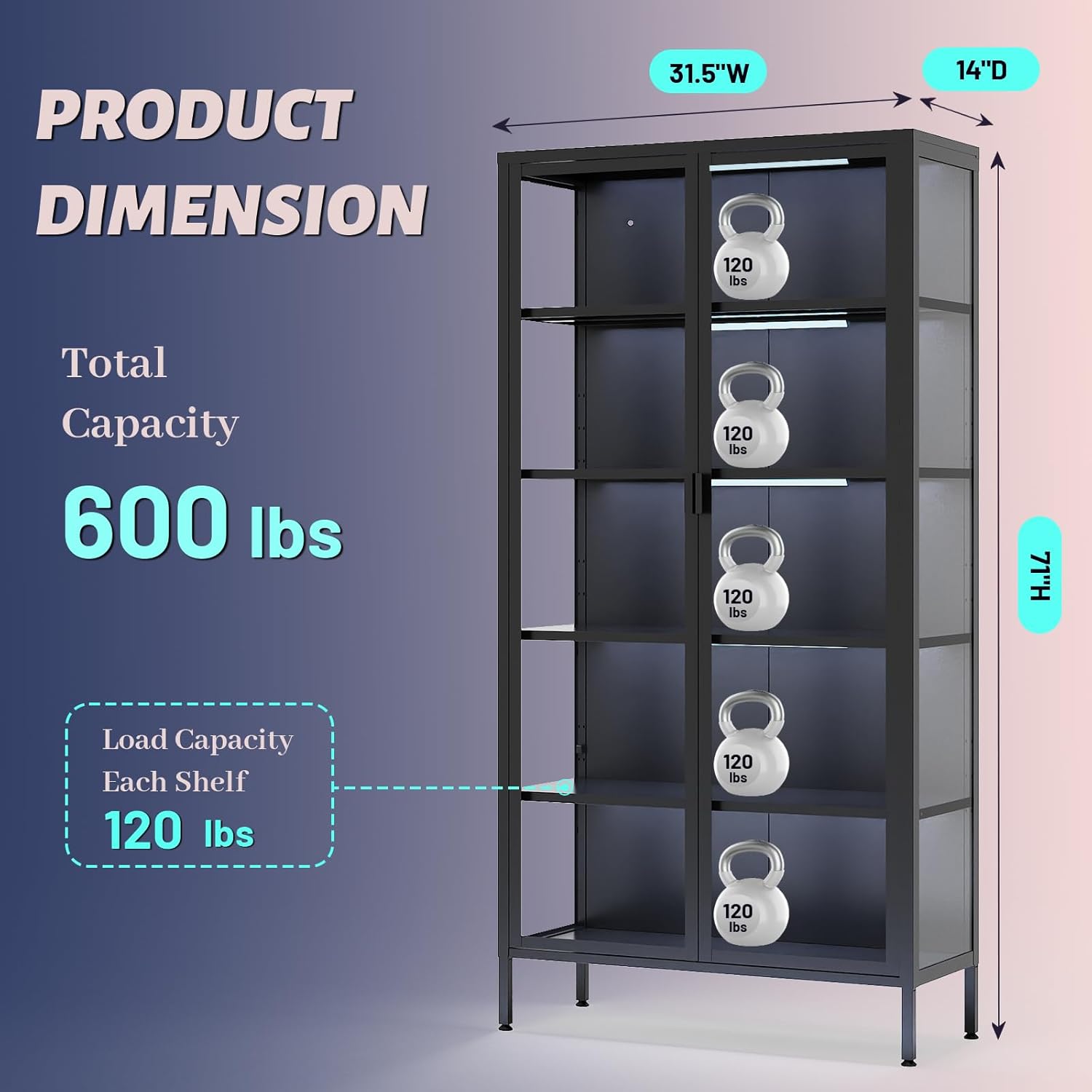 Eltean 71" H Display Cabinet with Glass Doors, 5 Tiers Curio Glass Display Cabinet with 3 Colors LED Sensor Light,Display Cabinets for Collectible with 4 Adjustable Shelves for Living Room,Bedroom