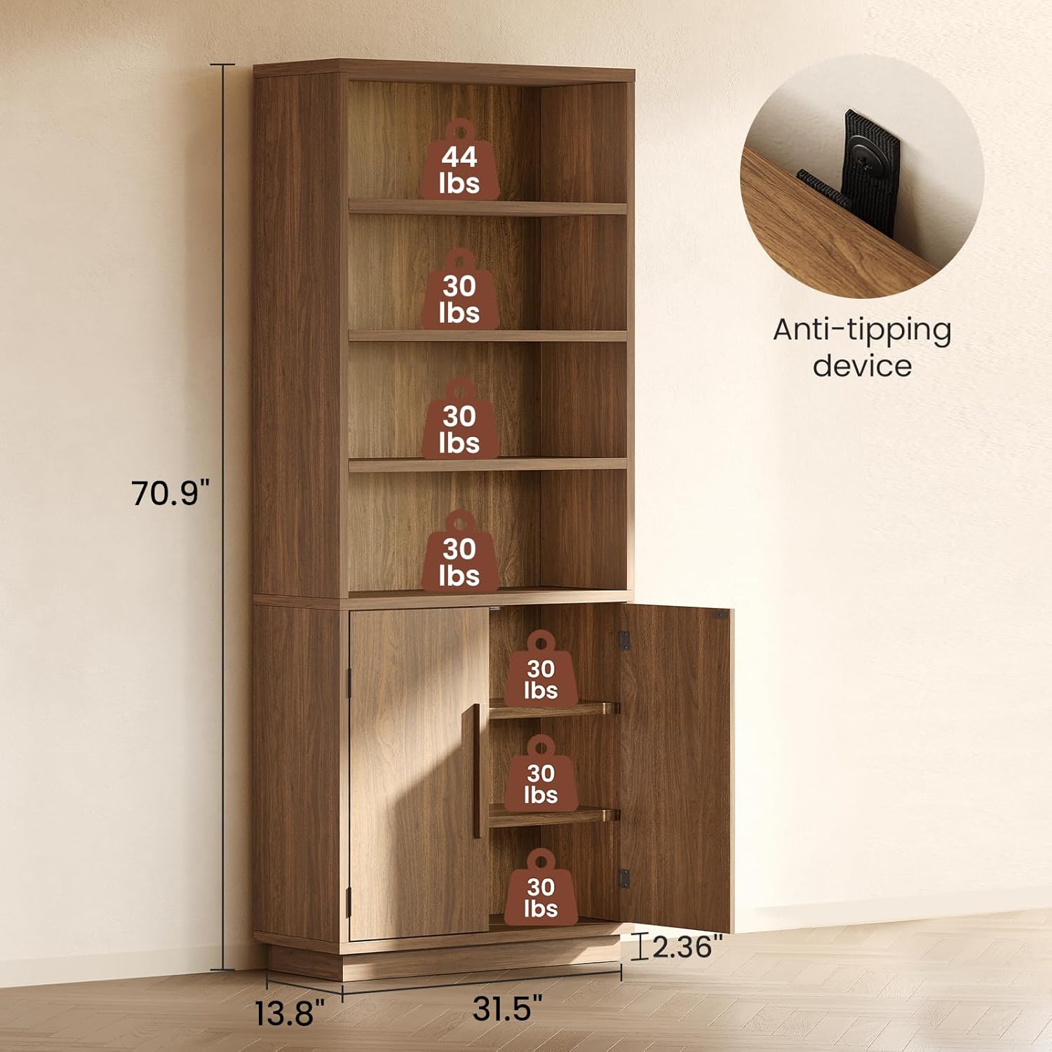 ModernMate 70'' Tall Bookcase with Doors, 7-Tier Bookshelf with Cabinet & Adjustable Shelves, Wooden Floor Standing Display Bookshelves with Storage Cabinet for Living Room, Home Office, Walnut