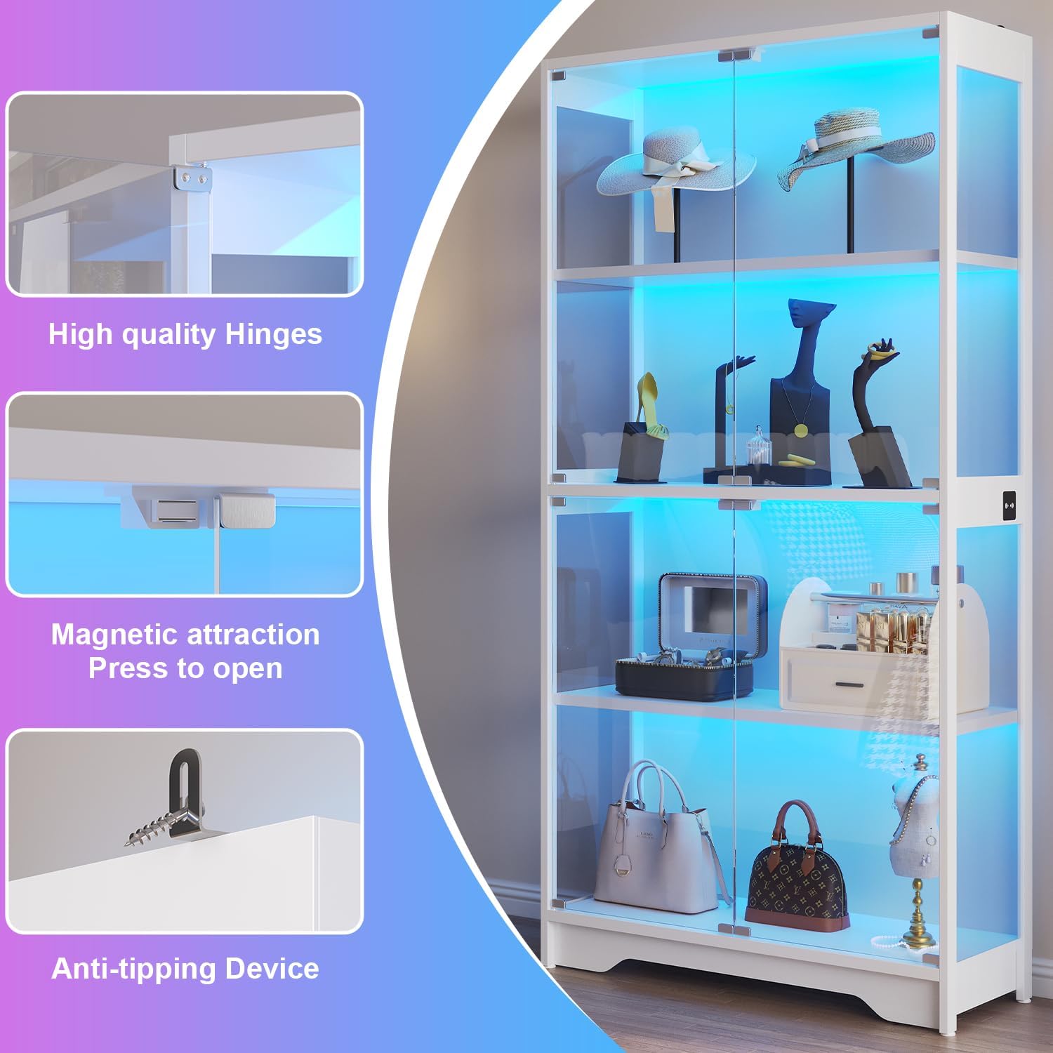 knoworld Display Cabinet with Glass Doors, 63" Tall Curio Cabinet with Human Sensor RGB LED Lights, 4-Tier Glass Display Case with 15mm Thick Shelves for Action Figures, Collectibles, Books - White