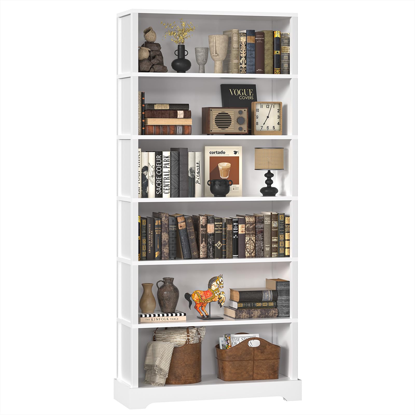 TVU 6-Tier Wooden Book Shelf, Floor-Standing Display Bookcase, 77.2" H x 31.5" W x 11" D Bookshelf, Farmhouse Style Book Case with Arched Base, Suitable for Living Room, Study, Office, Walnut