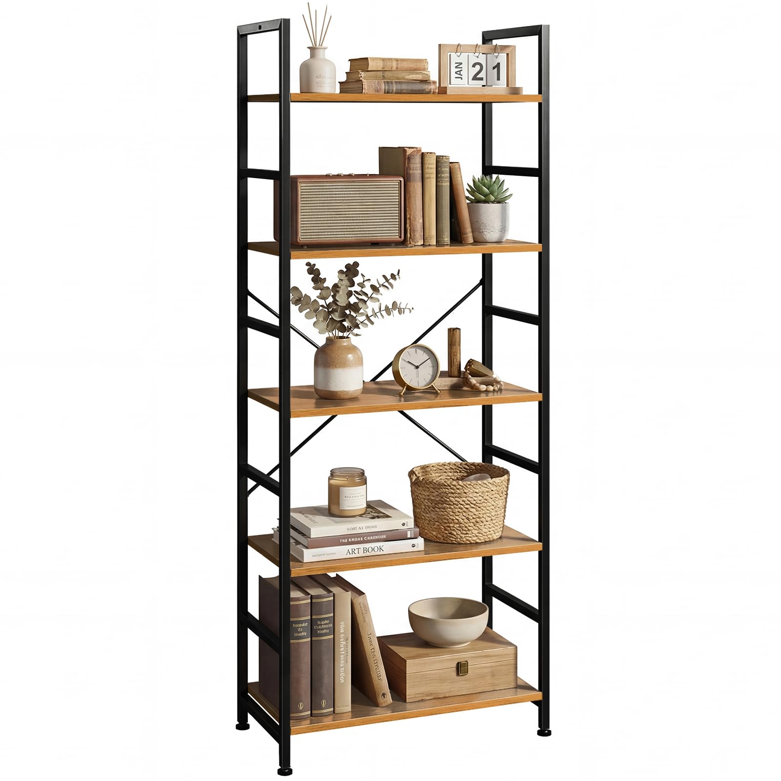 5 Tier Bookshelf, Free Standing Wooden Bookcase with Open Storage Shelves with Metal Frame, Sturdy Shelf Organization Display Rack for Living Room, Bedroom, Home Office, 62.2" Tall, Black